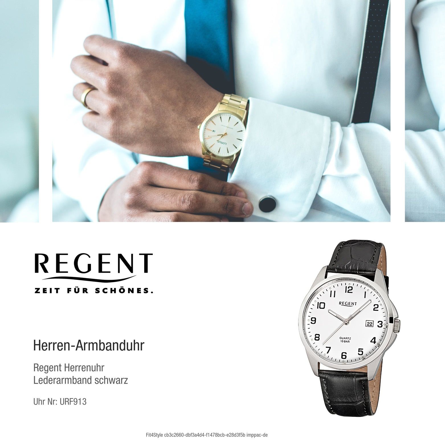 Regent 39mm), (ca. Regent Quarzuhr Herren-Armbanduhr mittel Analog, rund, Lederarmband schwarz Herren Armbanduhr