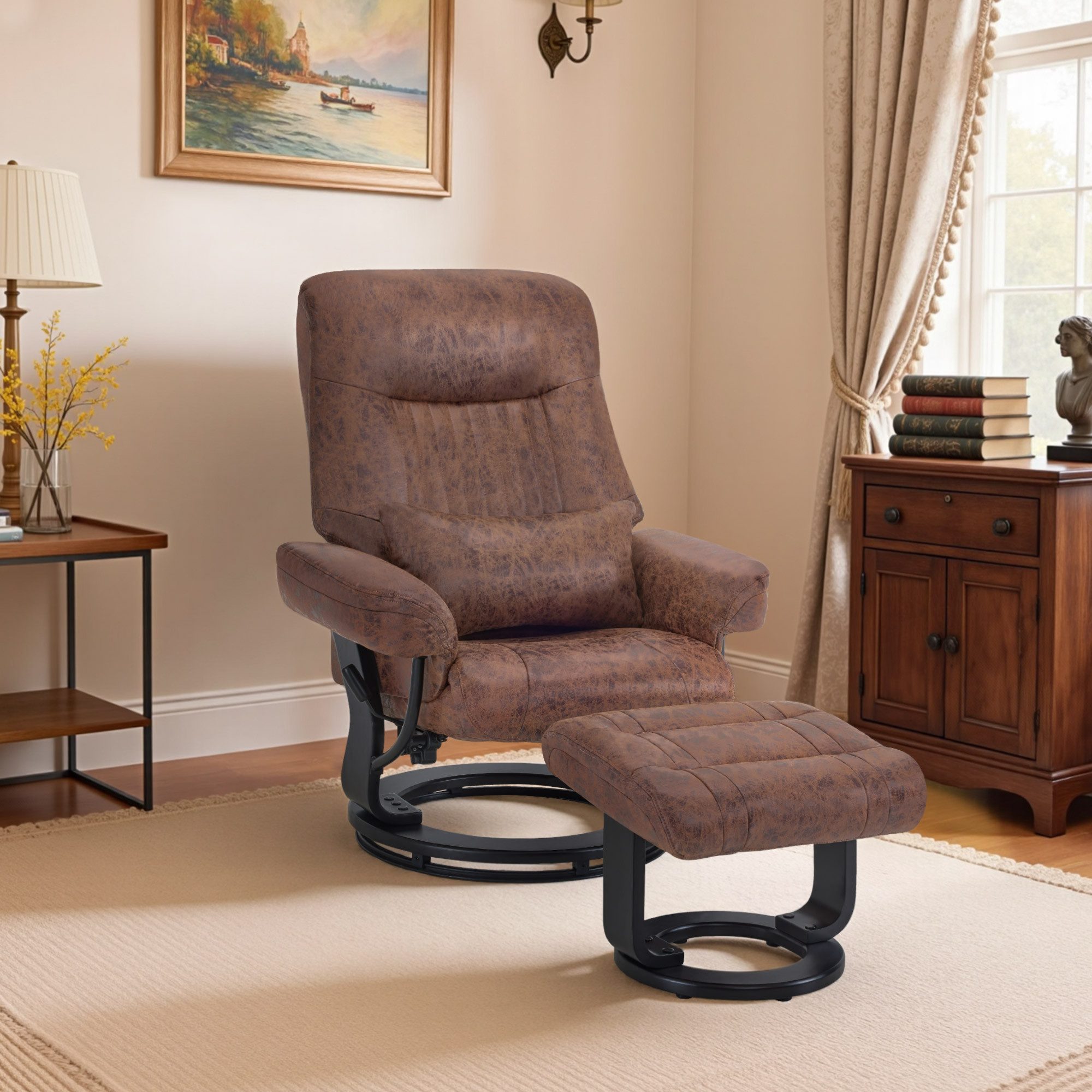 MCombo Relaxsessel M MCombo Relaxsessel mit Liegefunktion, Lesesessel mit Hocker 9035 (Relaxsessel inkl. Hocker), 360° Drehbarer, mit Kissen & Seitentasche, bis 120 Kg Belastbarer