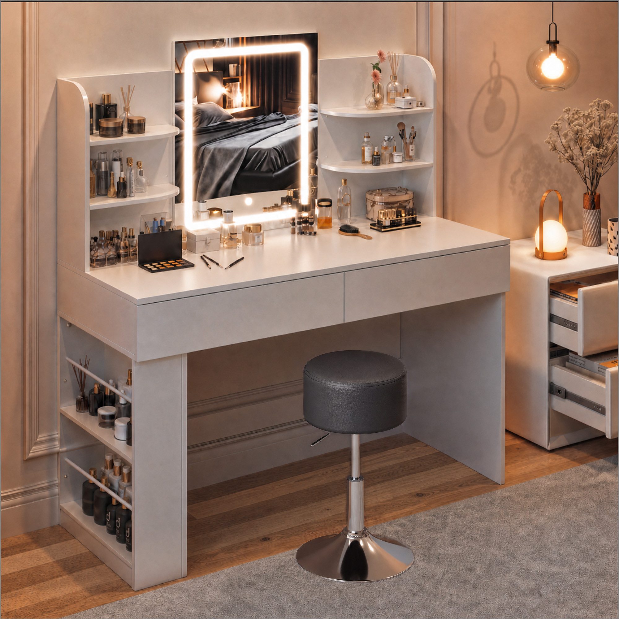 HOMALL Schminktisch mit Spiegel, LED-Beleuchtung, einstellbare Helligkeit, ostern (Langex Brete x Hthe) 90/110 x 40x 135 cm. B ofene Facher (2 seitiche Facher sind nach inks und rechts verschiebban. 2 groBe Schubladen)