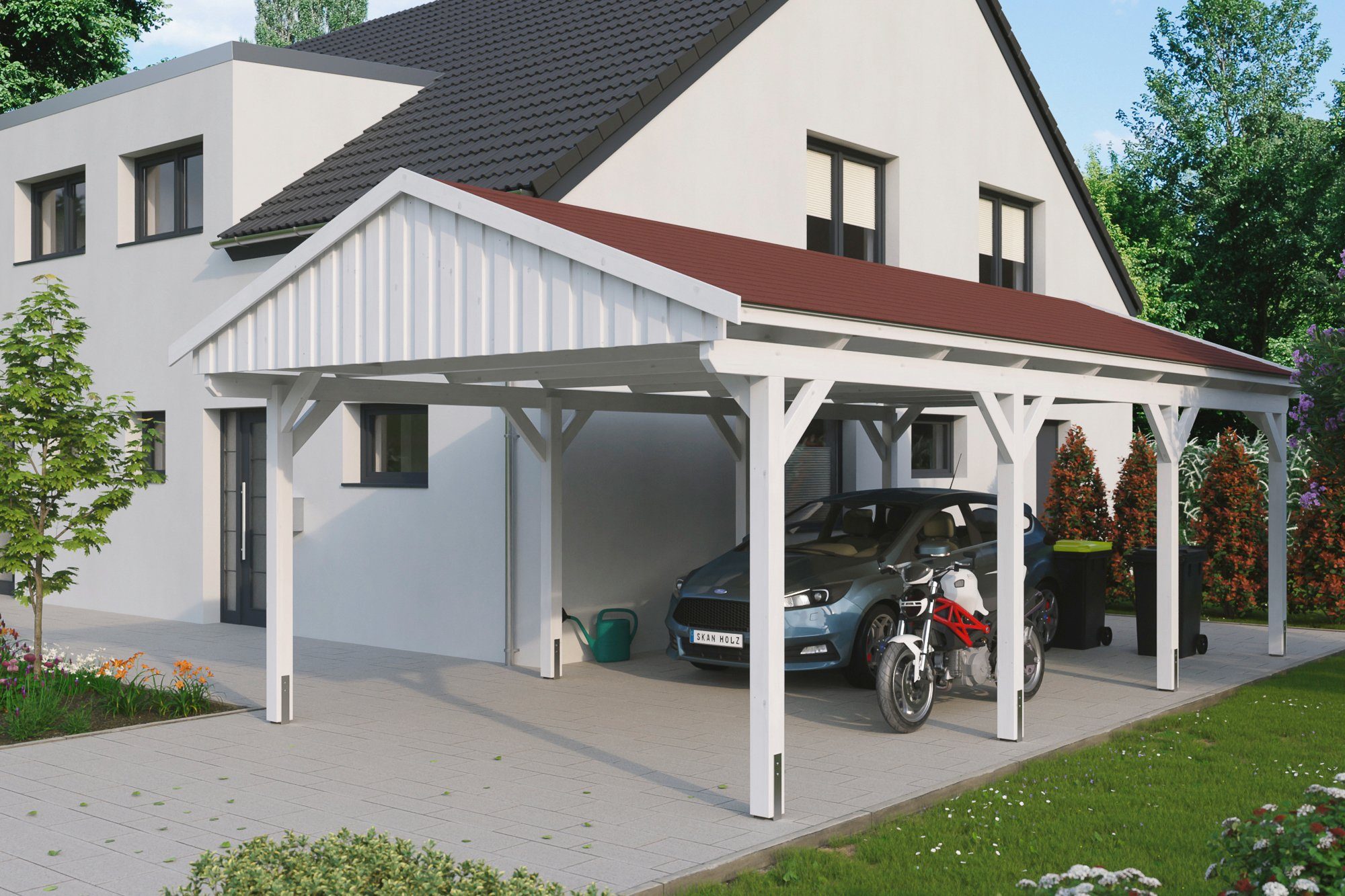 379 Fichtelberg, Skanholz cm, Schindeln roten BxT: Einzelcarport 423x808 cm mit Einfahrtshöhe,