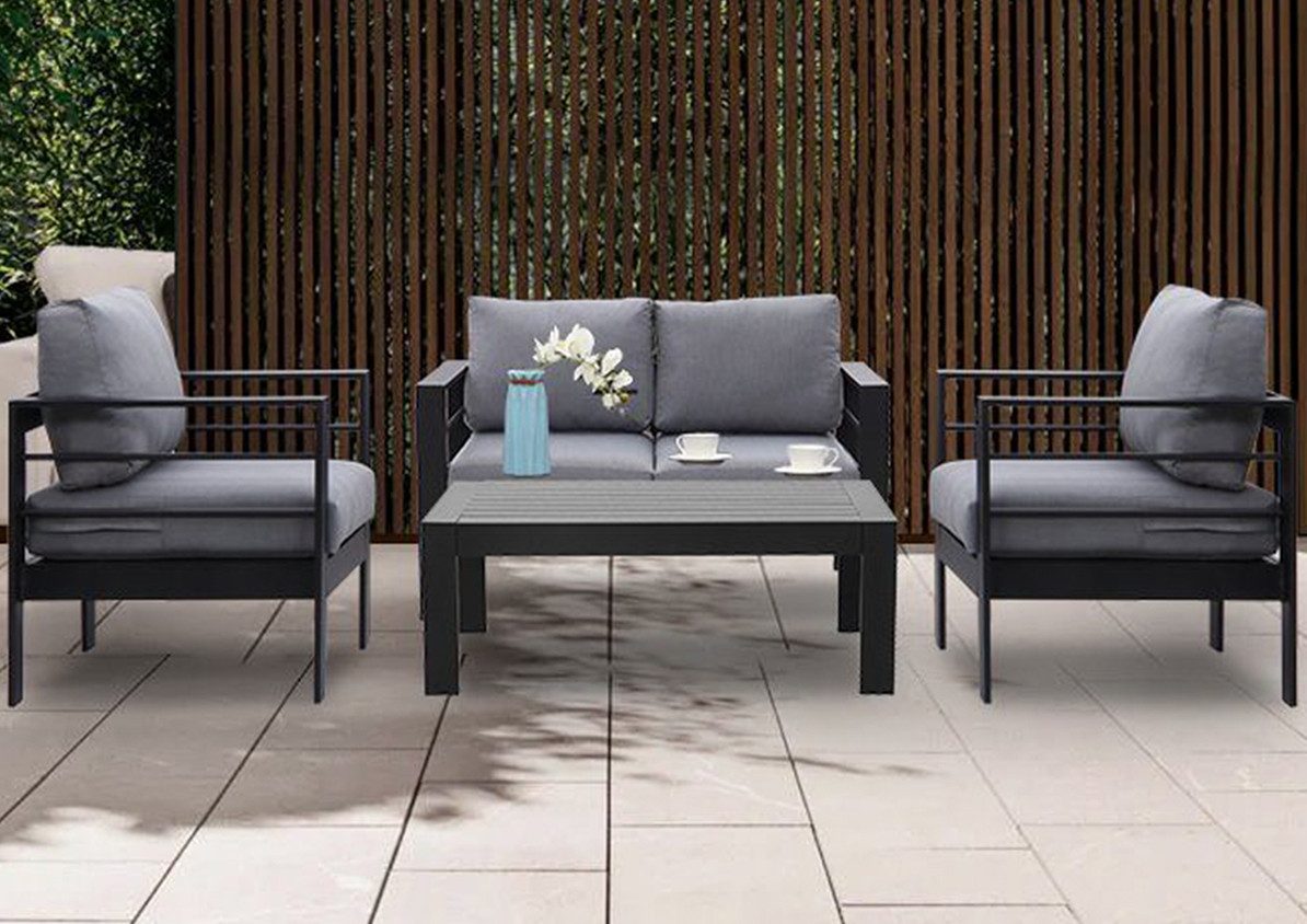 MeXo Gartenlounge-Set Gartenmöbel Set Aluminum Lounge Möbel Outdoor, (Set, 4-tlg., 1×2-Sitzer Sofa, 2×Sessel, 1×Tisch, 8×Auflagen), Sitzgruppe, Balkonmöbel, Terassenmöbel außen für 3-4 Personen