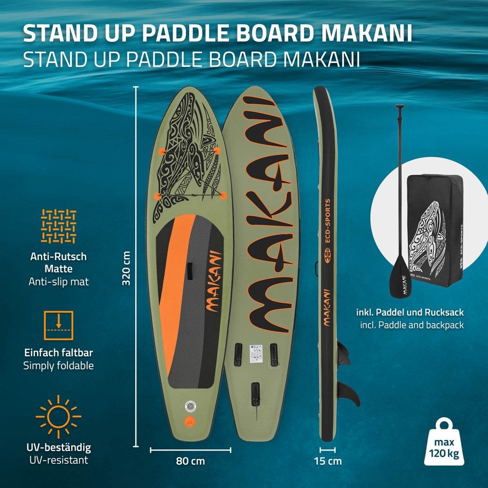 ECD Germany SUP-Board Stand Up Paddle Board aus PVC Paddelboard Paddling Board, Stand-Up Paddle-Board, SUP Board 320x80x15 cm 120 kg Traglast rutschfest olive inkl Zubehör