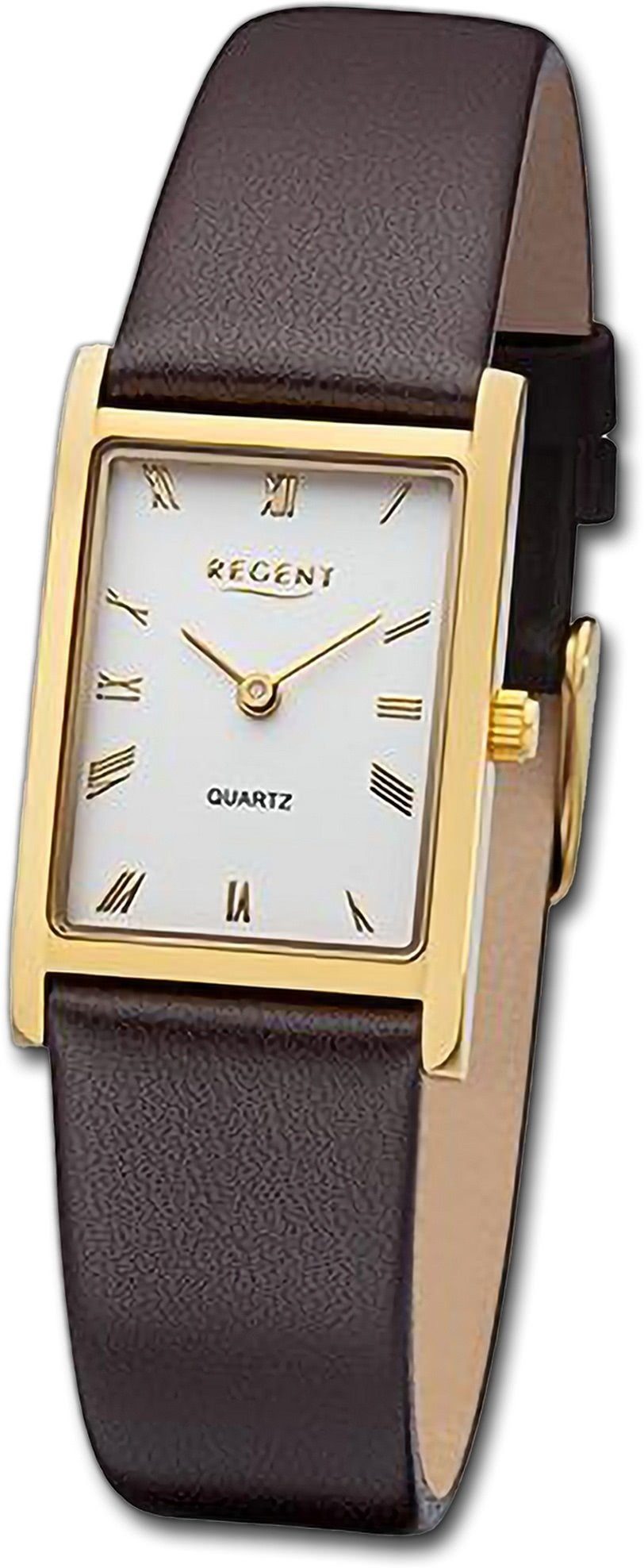 Regent Quarzuhr Regent Damen Armbanduhr Analog, Damenuhr Lederarmband dunkelbraun, rundes Gehäuse, groß (ca. 22x34mm)