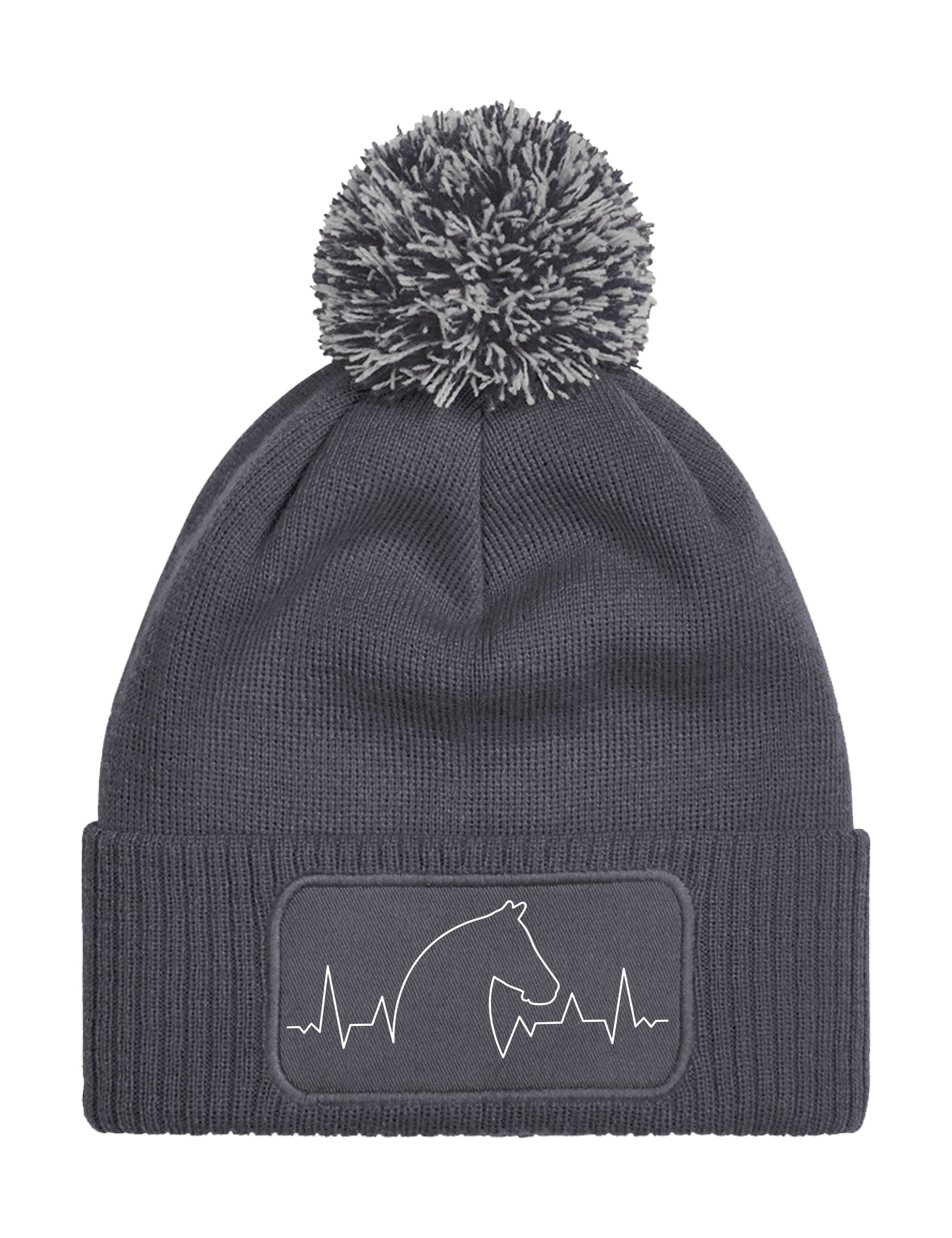 Youth Designz Beanie Unisex Strick Bommel Beanie Mütze mit Heartbeat Pferd Aufdruck mit trendigen Logo für Damen und Herren