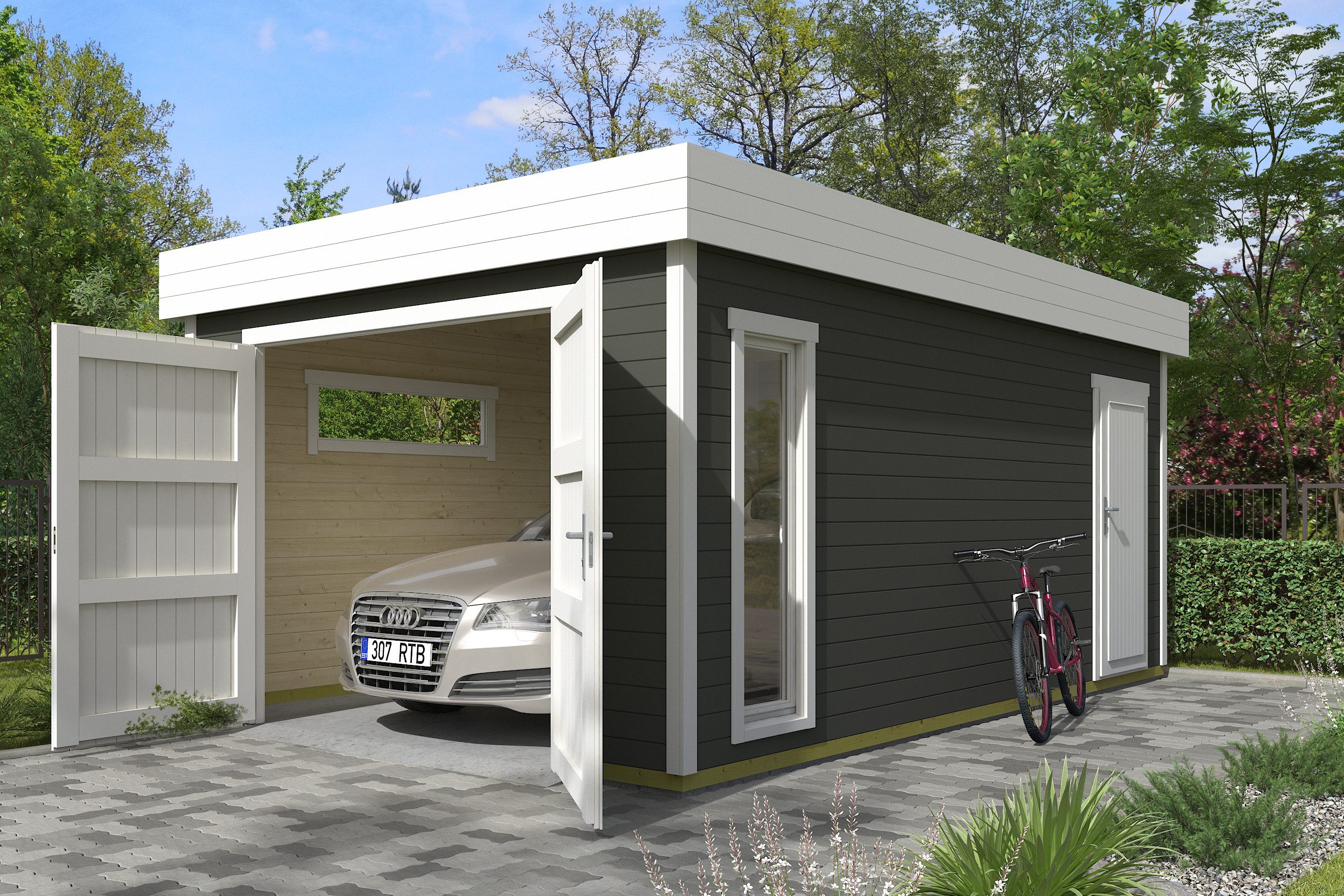 Nordic Holz Garage BAHAMAS 2, BxT: 380x560 cm, 197 cm Einfahrthöhe, mit Holztor