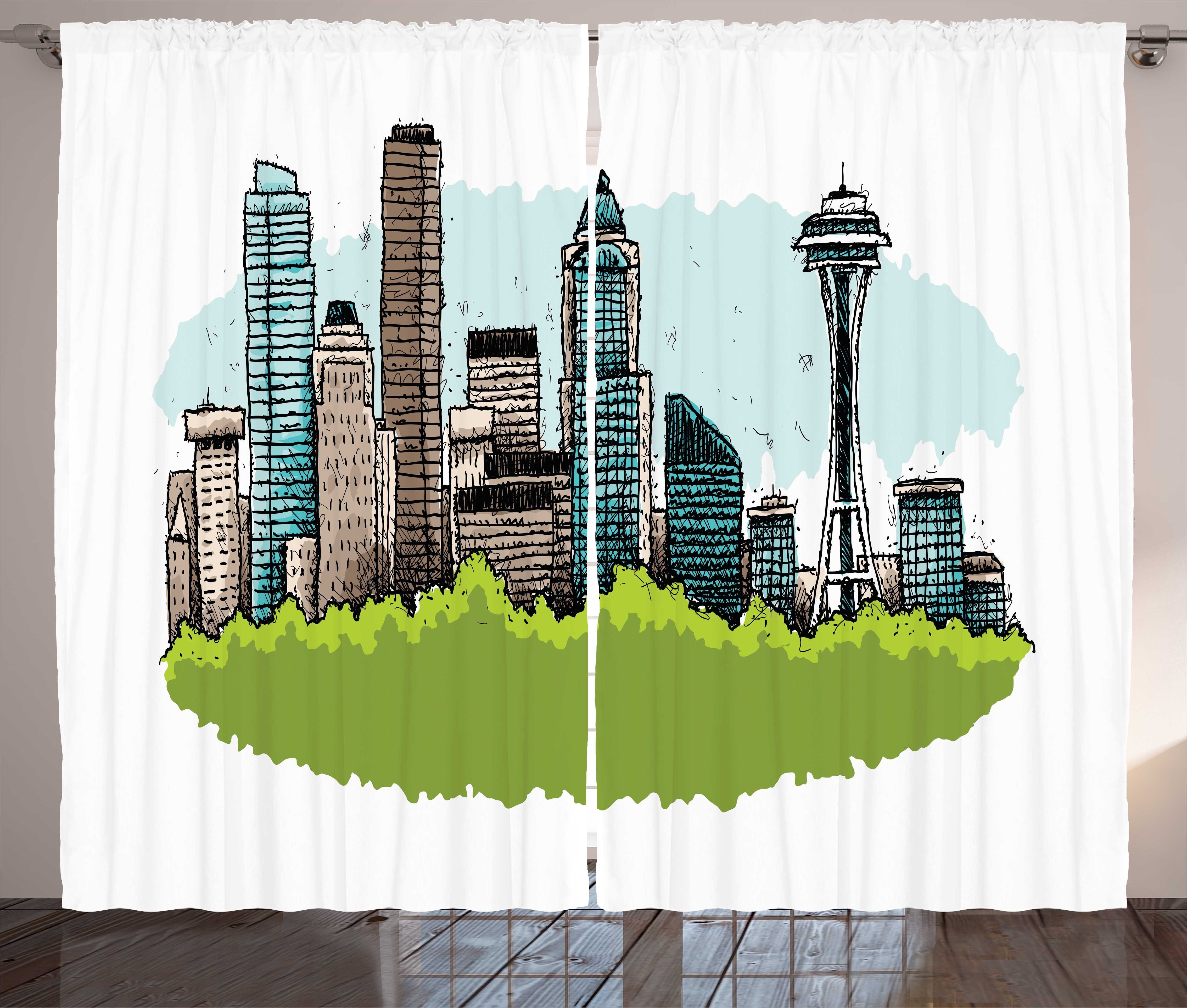 Skyline Vorhang Cartoon-Zeichnung Schlaufen Abakuhaus, und Kräuselband Gardine mit Haken, Seattle Schlafzimmer