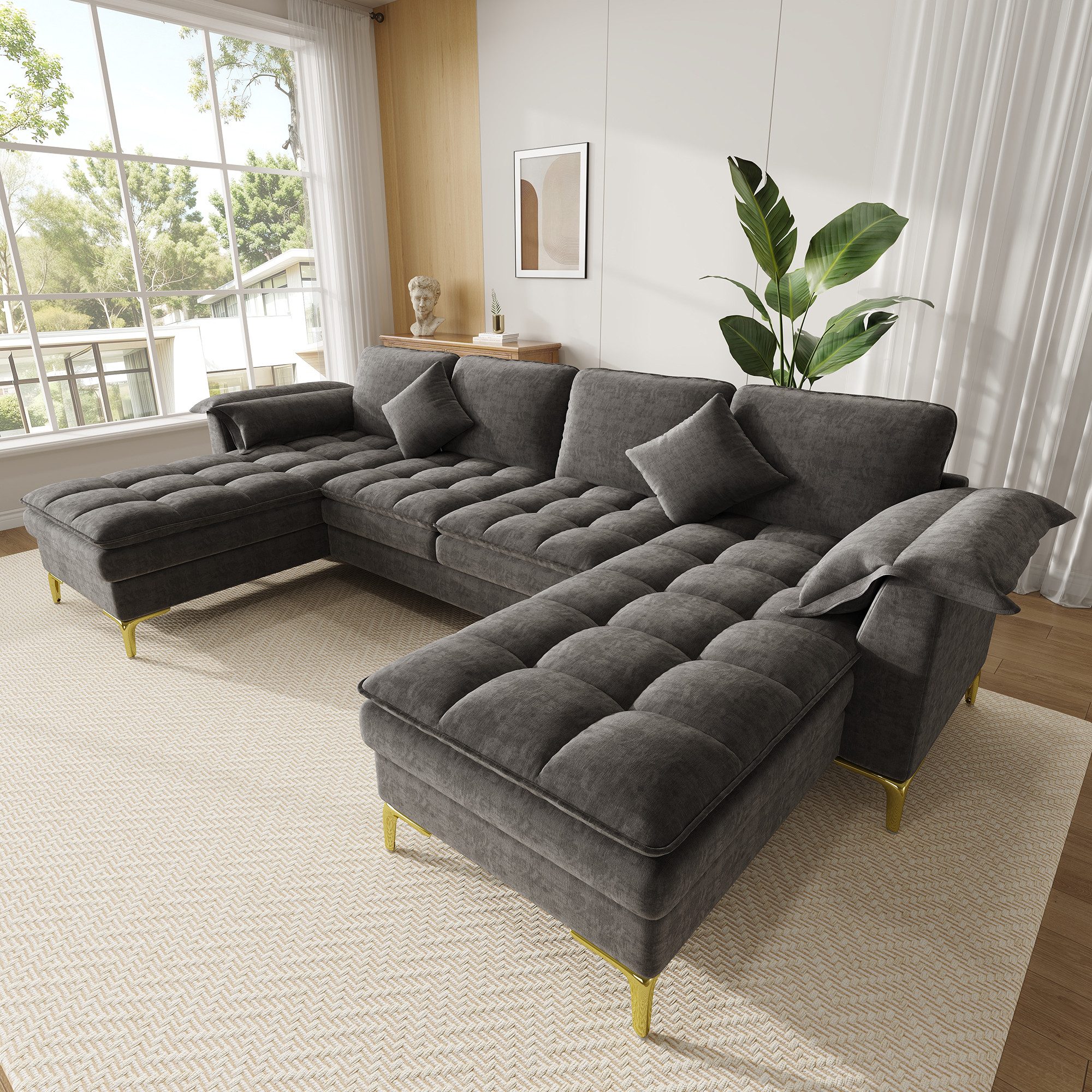 Merax Ecksofa mit 2 Chaiselongues, U-förmiges Sofa Cloud-Design Couch aus Chenille, 1 Teile, 4-Sitzer-Sofa mit 2 Kissen,goldene Metallfüße,Doppelschicht-Polsterung
