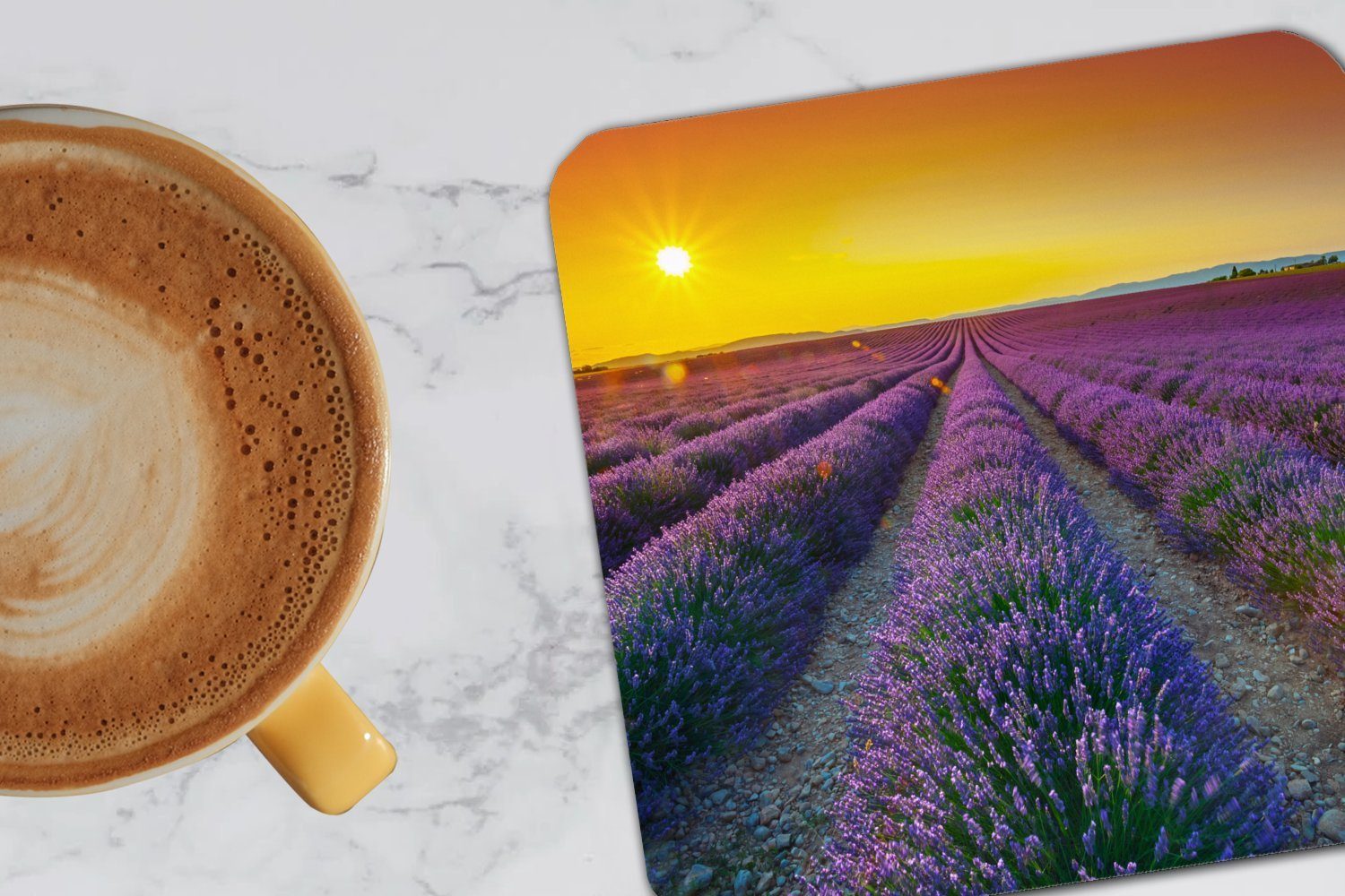 über Zubehör Oranger Glasuntersetzer, Feld für Lavendel, einem voller Untersetzer, Korkuntersetzer, Tasse MuchoWow Tischuntersetzer, 6-tlg., Glasuntersetzer Sonnenuntergang Gläser,