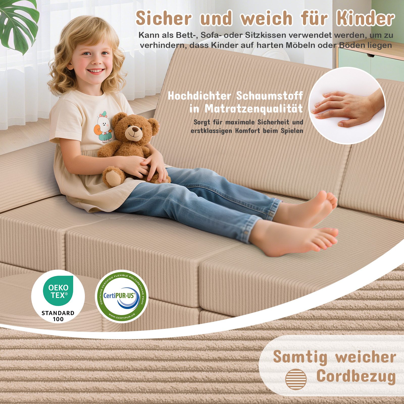TLGREEN Kindersofa Spielsofa Cord, 15-Teiliges Modulare Kinderspielcouch, Kindersofa-Bausteine, Spielsofa für Kinder, kreatives Spielen für Kuschelecke im Kinderzimmer