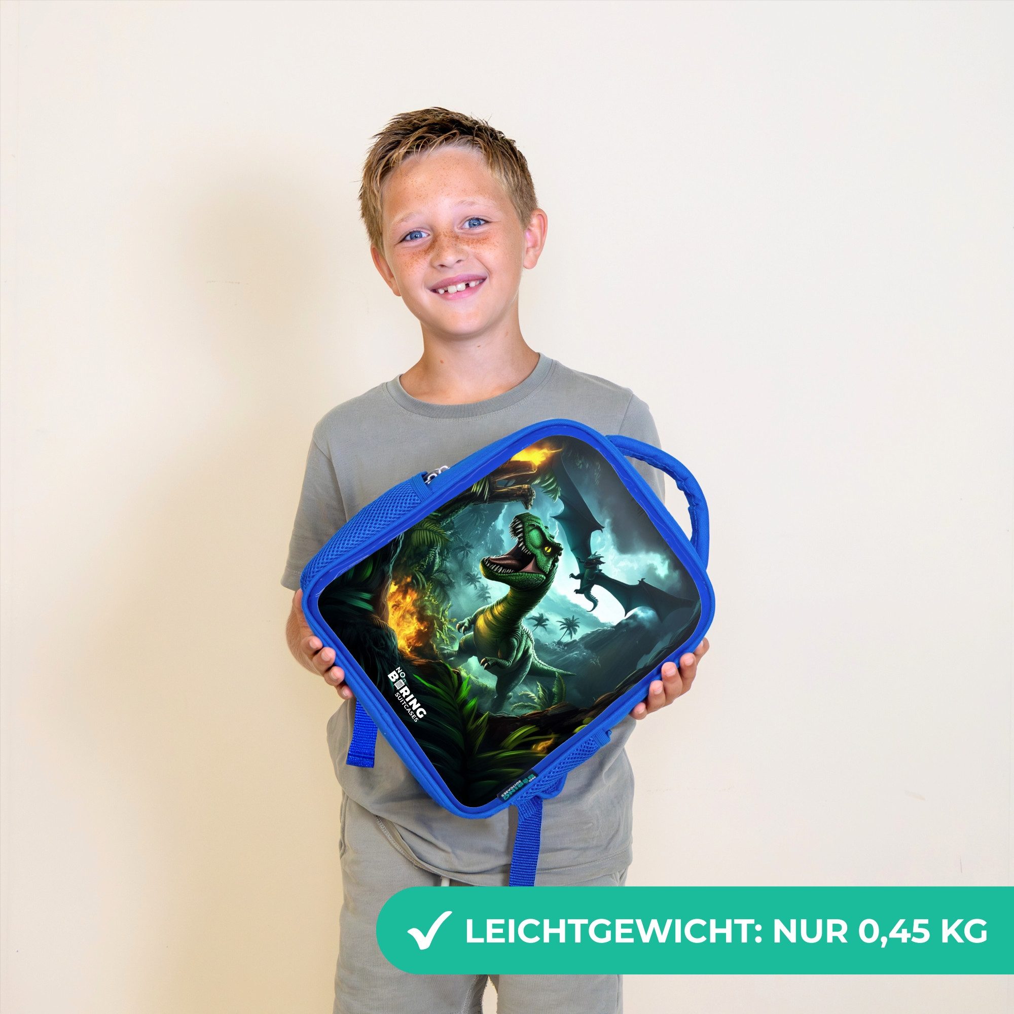 NoBoringSuitcases.com© Rucksack Blau - Dinosaurier und Drache im feurigen Dschungeltal, Kinderrucksack, Schulrucksack, Freizeitrucksack, Jungen, Kindergarten