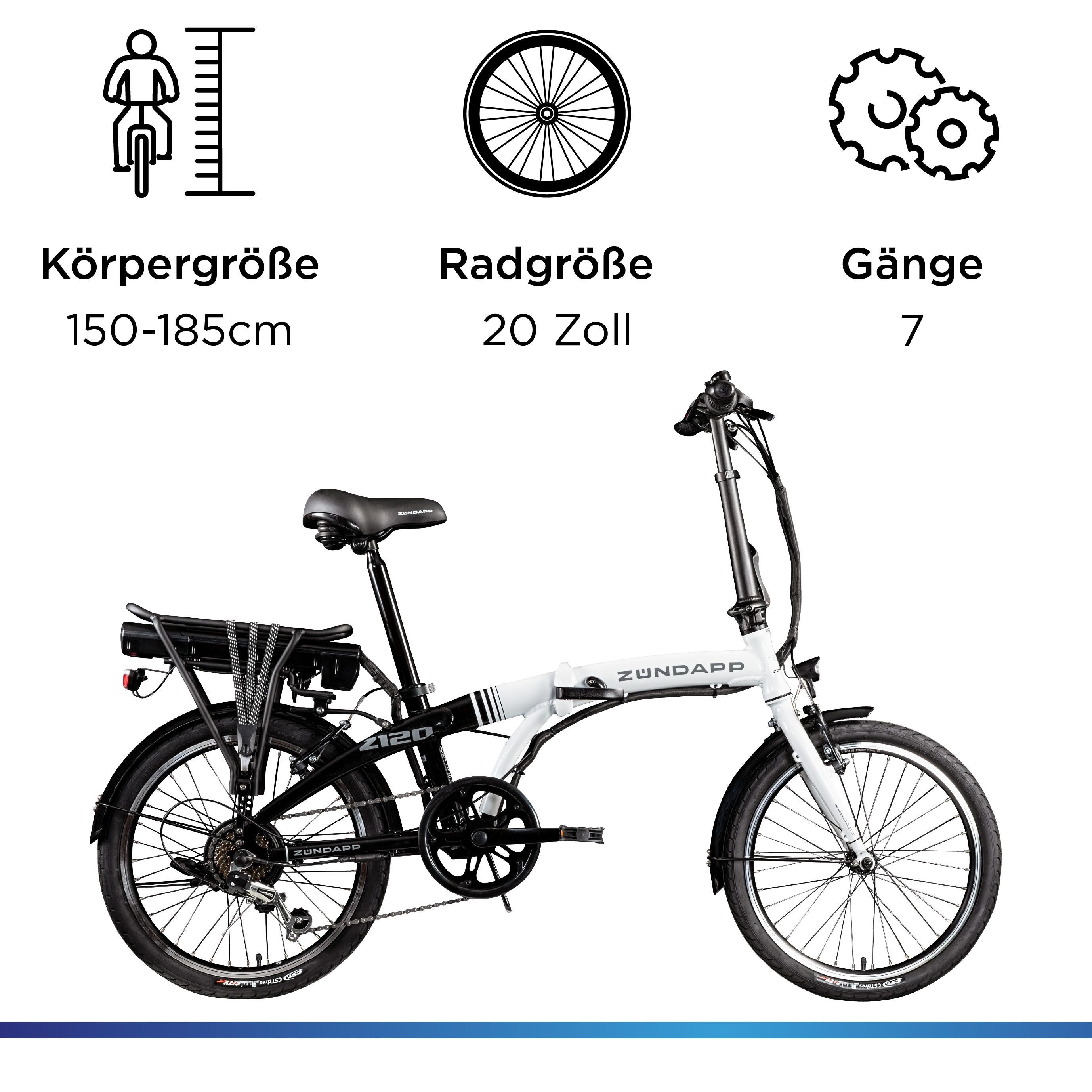Zündapp E-Bike Klapprad Z120, 7 Gang Shimano Tourney Schaltwerk, Kettenschaltung, Heckmotor, 374,4 Wh, Pedelec, Elektrofahrrad für Damen u. Herren