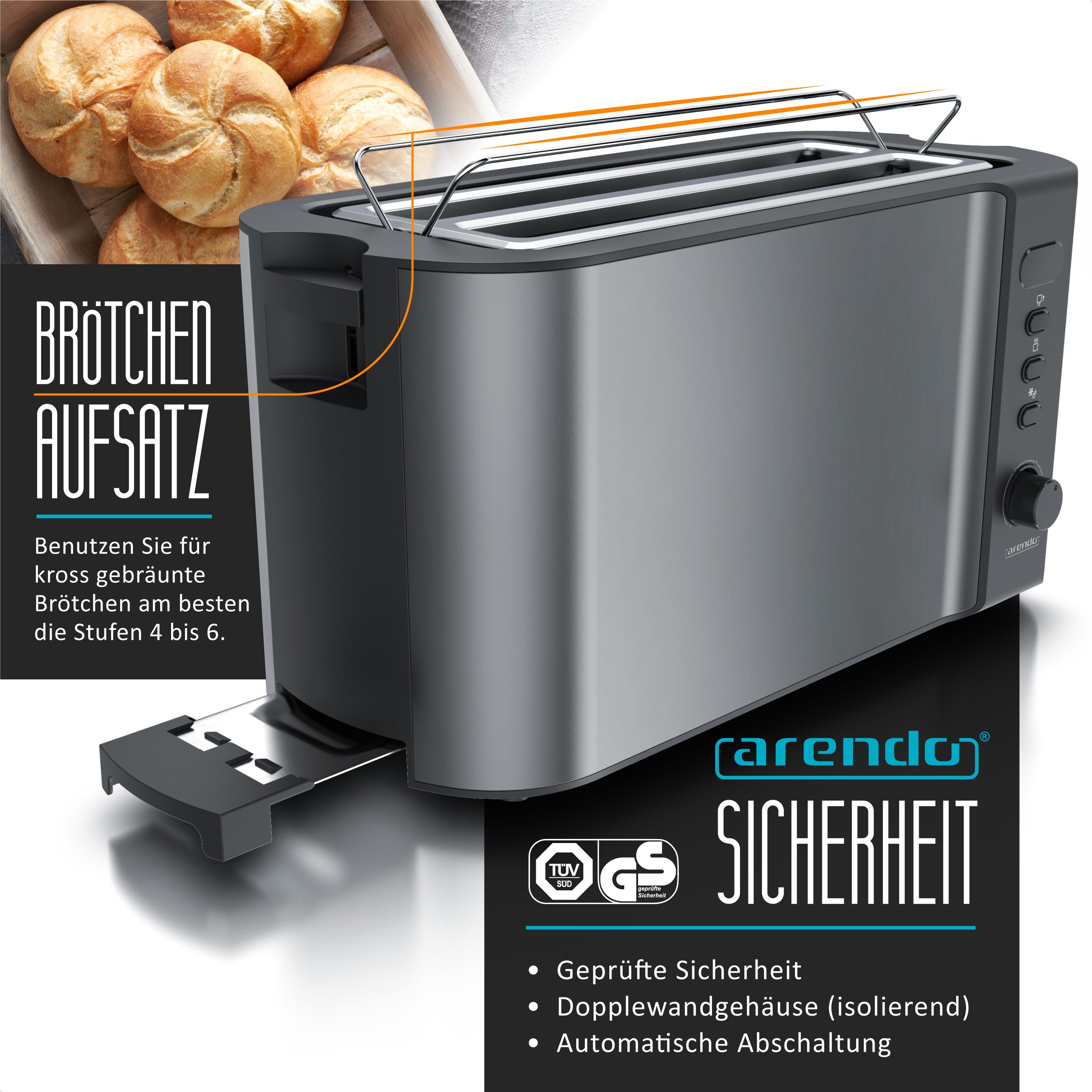 Arendo Toaster Edelstahl, Langschlitz, Display mit Restzeitanzeige, Krümelschublade, 2 lange Schlitze, für 4 Scheiben, 1500 W, Defrost Funktion, Wärmeisolierendes Gehäuse, mit Brötchenaufsatz