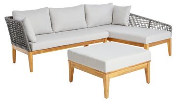 Timbers Gartenlounge-Set Sunnyvale, (Set, 3-tlg., 2x Sofa, 1x Tisch/Hocker 70x70x28 cm), inkl. Auflagen, Gestell aus hochwertigem Massivholz