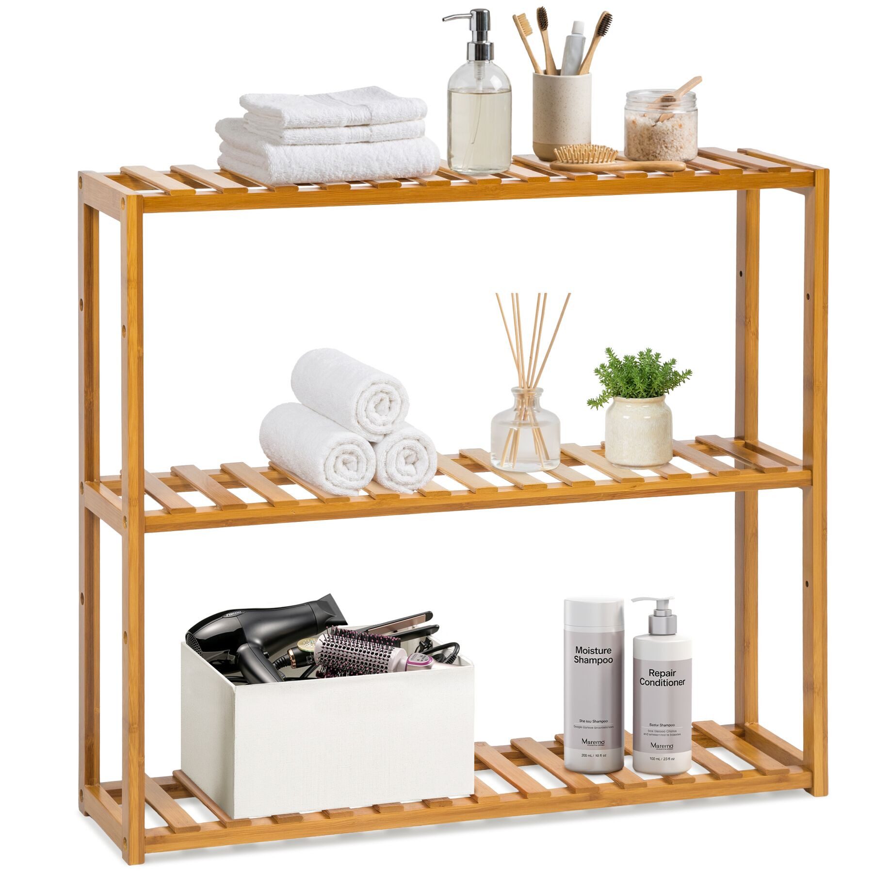 tectake Badregal Badezimmerregal aus Bambus, Maße: 60 x 15 x 54,5 cm, 3 Ebenen, Duschablage Katjana 1-tlg., Die Höhe ist wählbar, und das Regal lässt sich leicht montieren