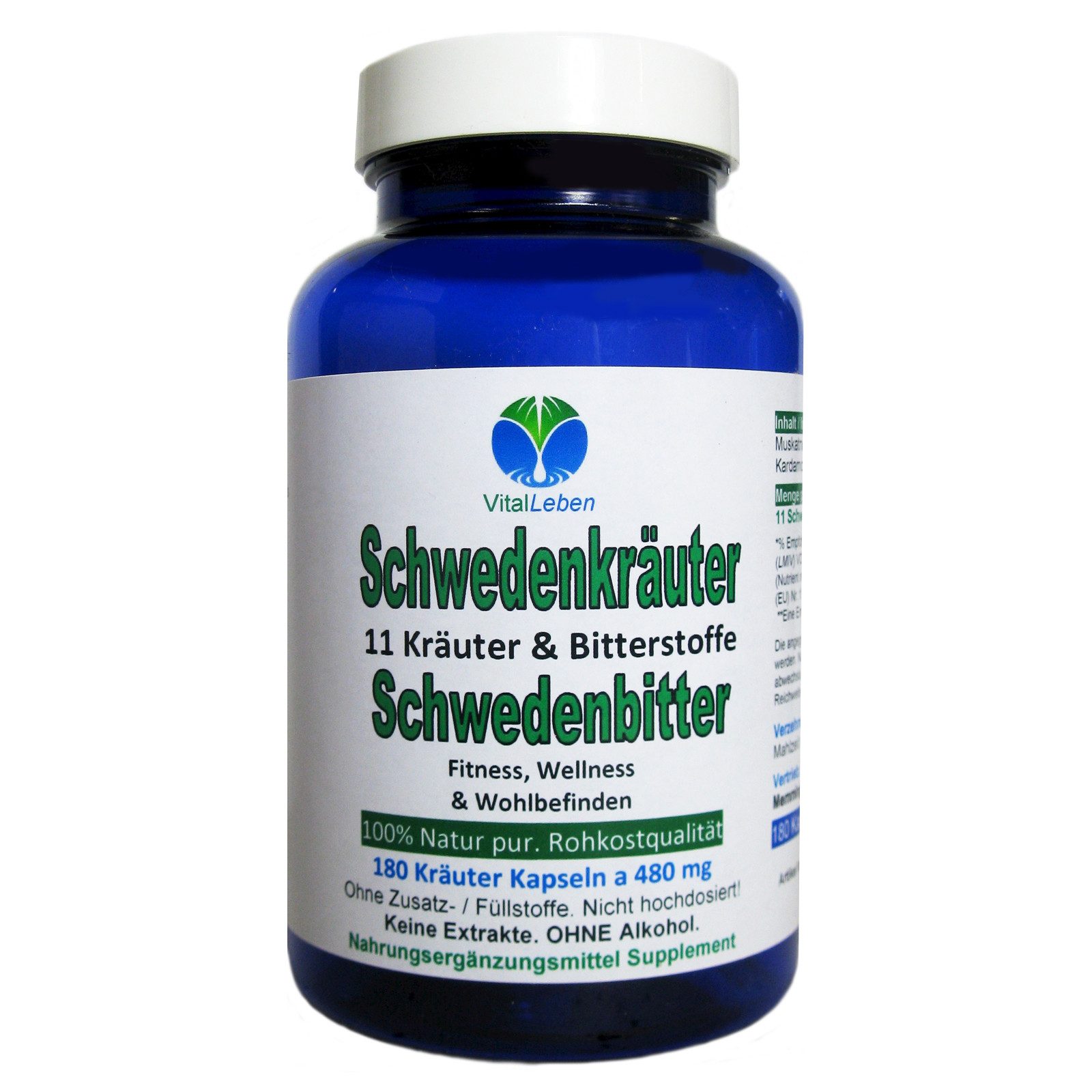 VitalLeben Schwedenkräuter Schwedenbitter 11 Kräuter - Ohne Zusatzstoffe - Kapseln, 1 er Dose à 180 St., 86.4 g, Art. 26645-180