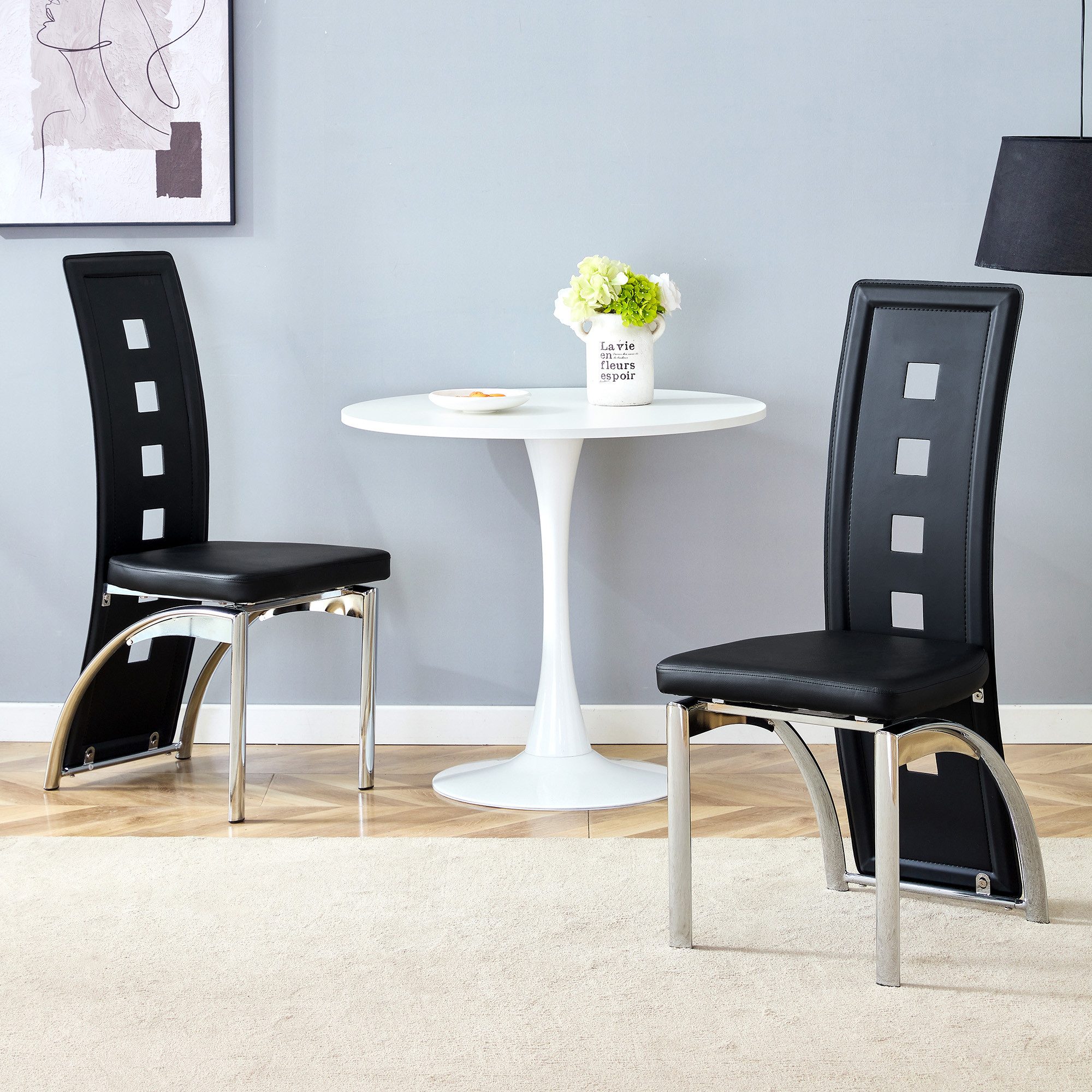 Odikalo Esszimmerstuhl Polsterstuhl Esszimmerstühle 2er-Set mit Rückenlehne (Europäische Design-Esszimmerstühle mit Lochmuster PU-Leder+Silberne Metallbeine 102,5 hoch für modernes Ess- oder Wohnzimmer)