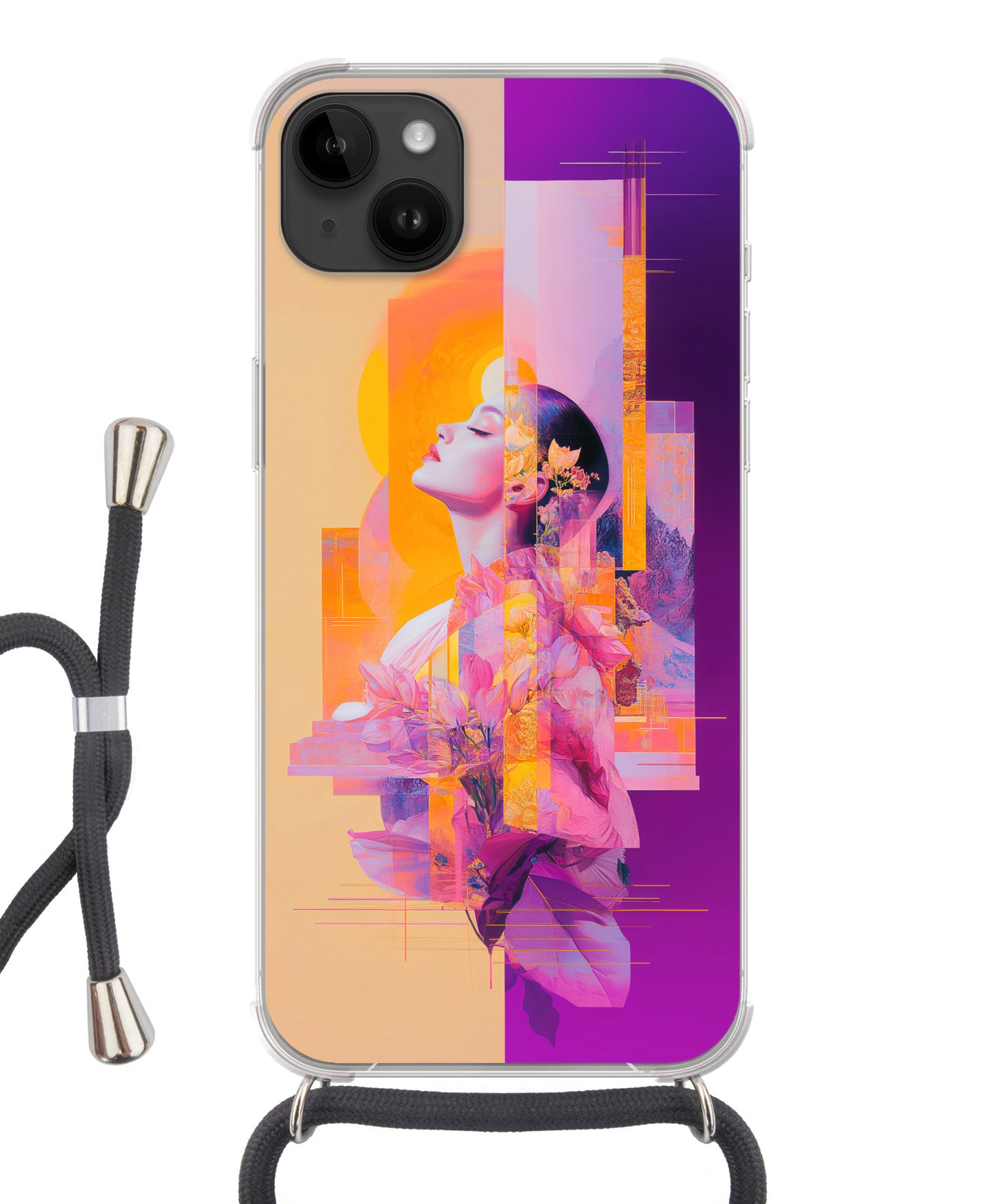 MuchoWow Handyhülle für Apple iPhone 14 Max Abstrakt - Porträt - Frau - Farbenfroh, Tragbare Handyhüllen mit Kette zum umhängen, Handykette Handyband