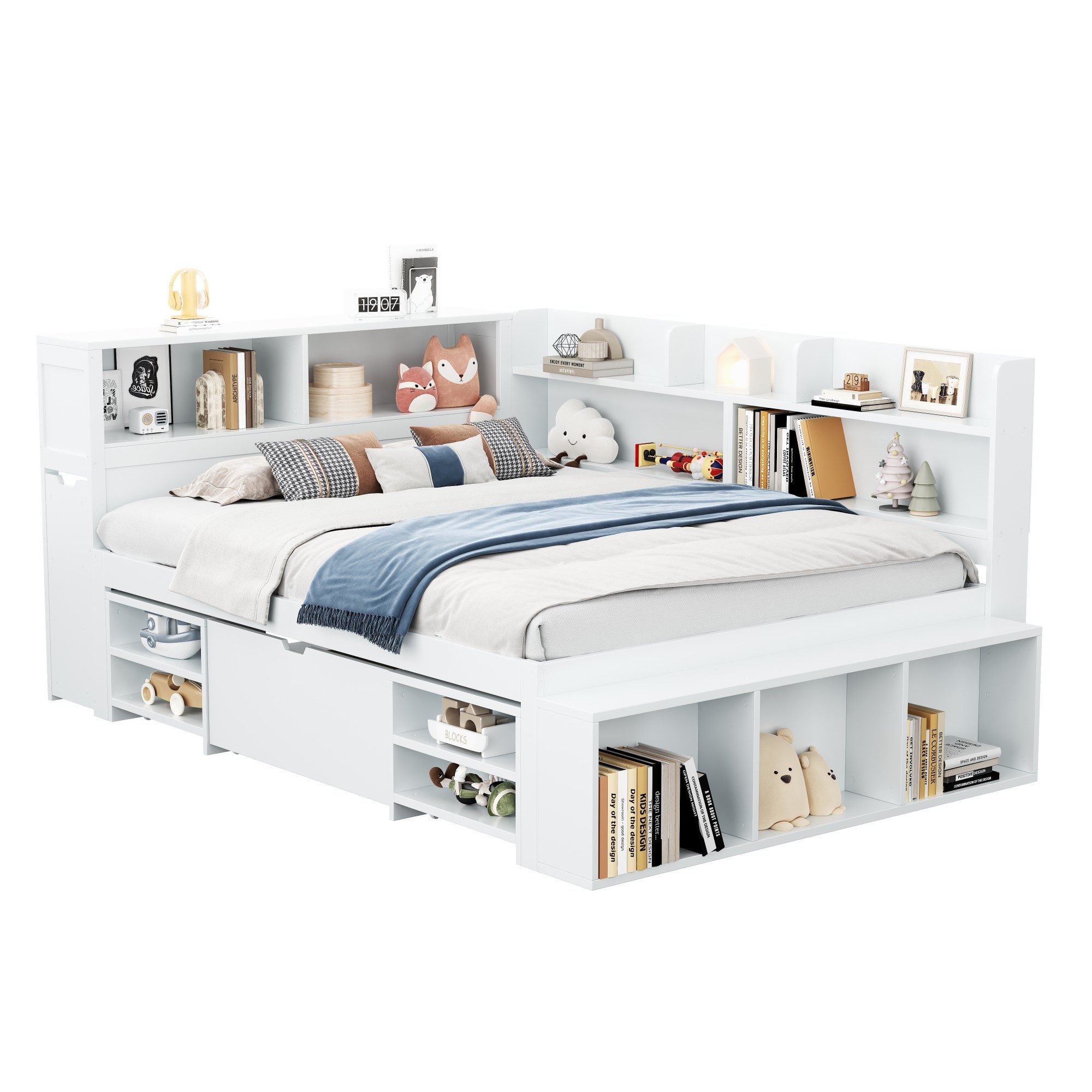Ulife Kinderbett Jugendbett, multifunktionales Holzbett mit Stauraum (Ohne Matratze), mit Schubladen, Bücherregal und Stauschrank, 140x200cm