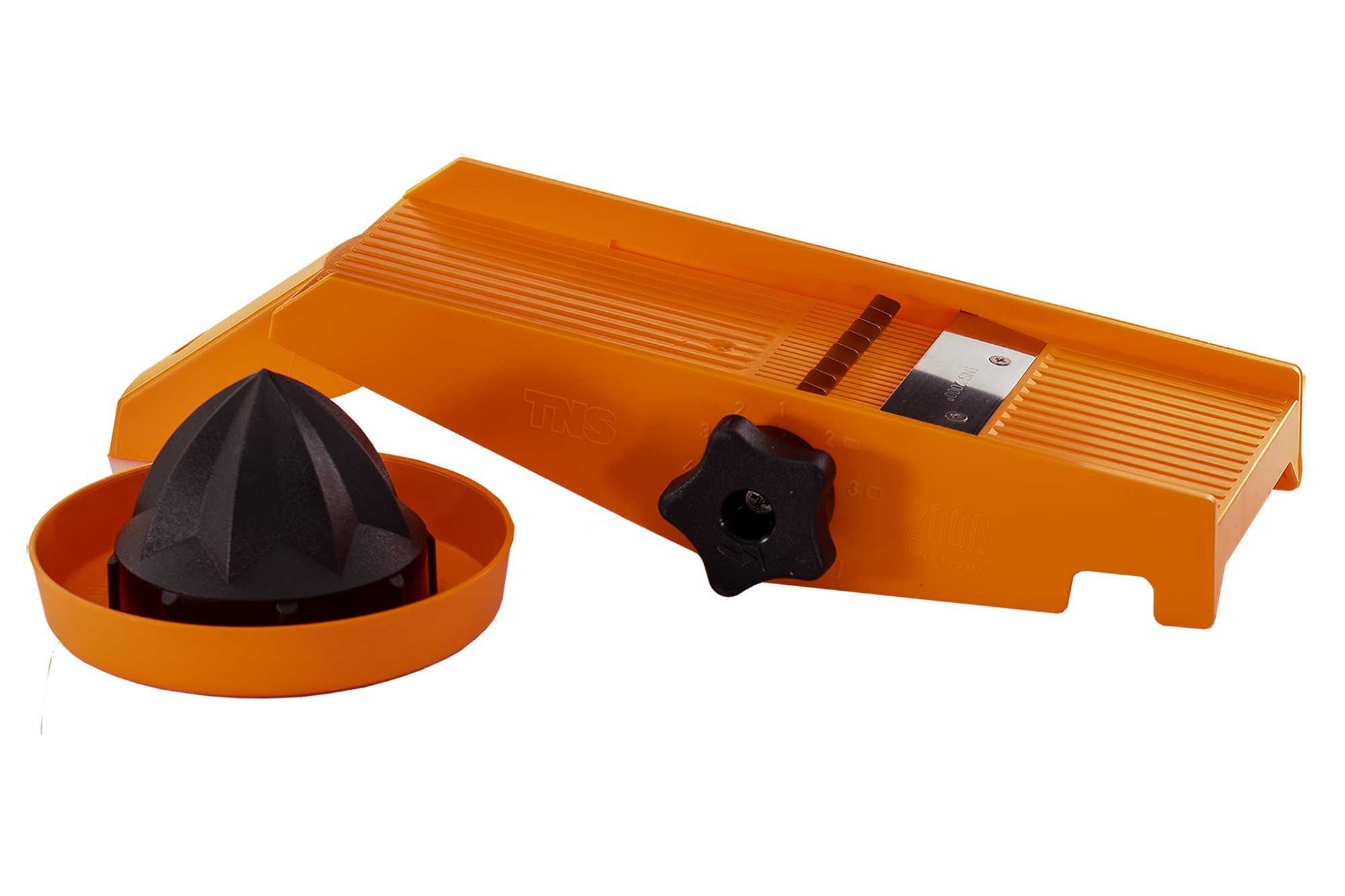 TNS 2000 Gemüsehobel TNS 2000 All in ONE Gemüsehobel Küchenhobel Gemüsereibe Orange, Kunststoff, (Hobel mit Restehalter, 2-St)