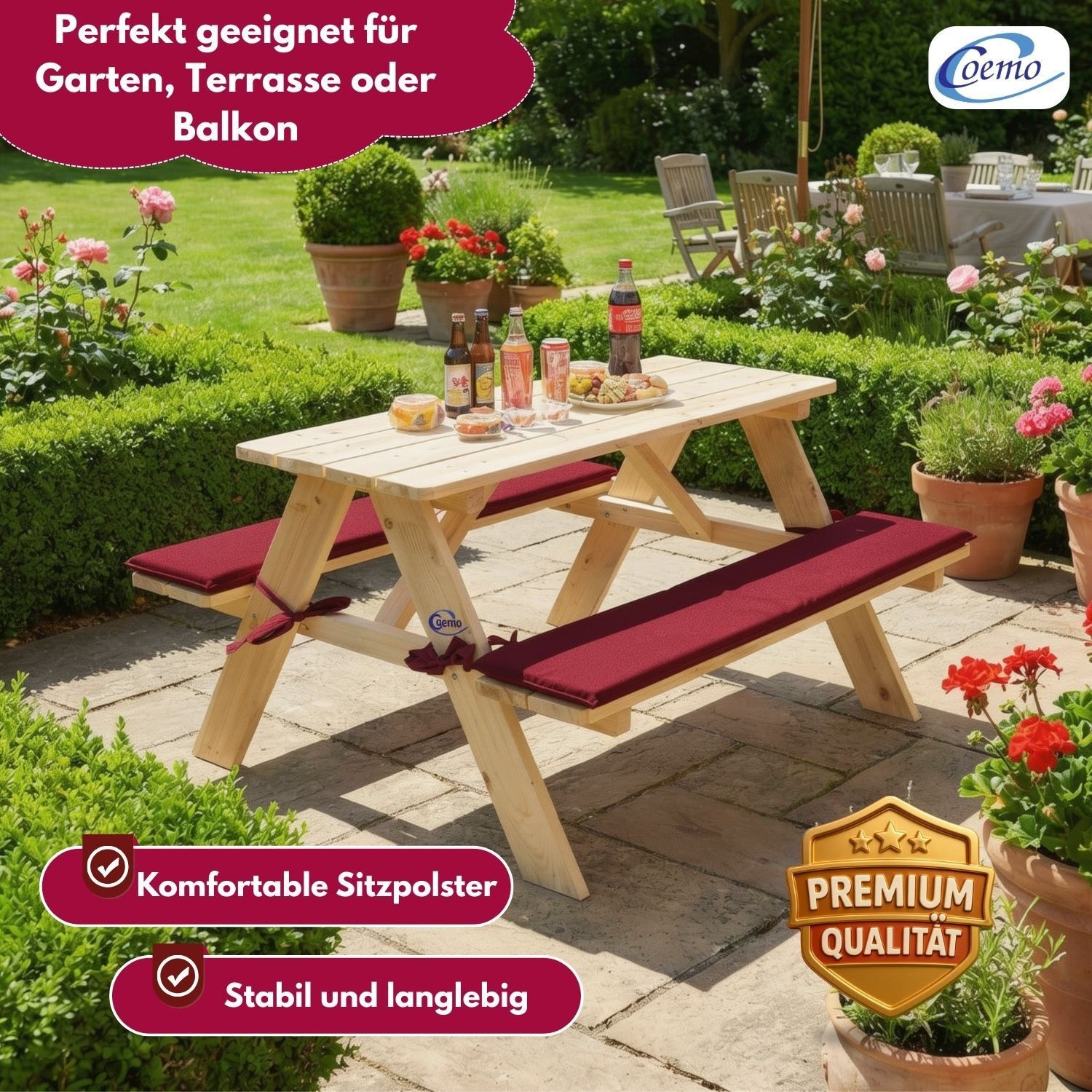 Coemo Garten-Kindersitzgruppe, (Set, 1-tlg), Braun Picknicktisch aus Holz Kinder Sitzgruppe Sitzgarnitur mit Kissen
