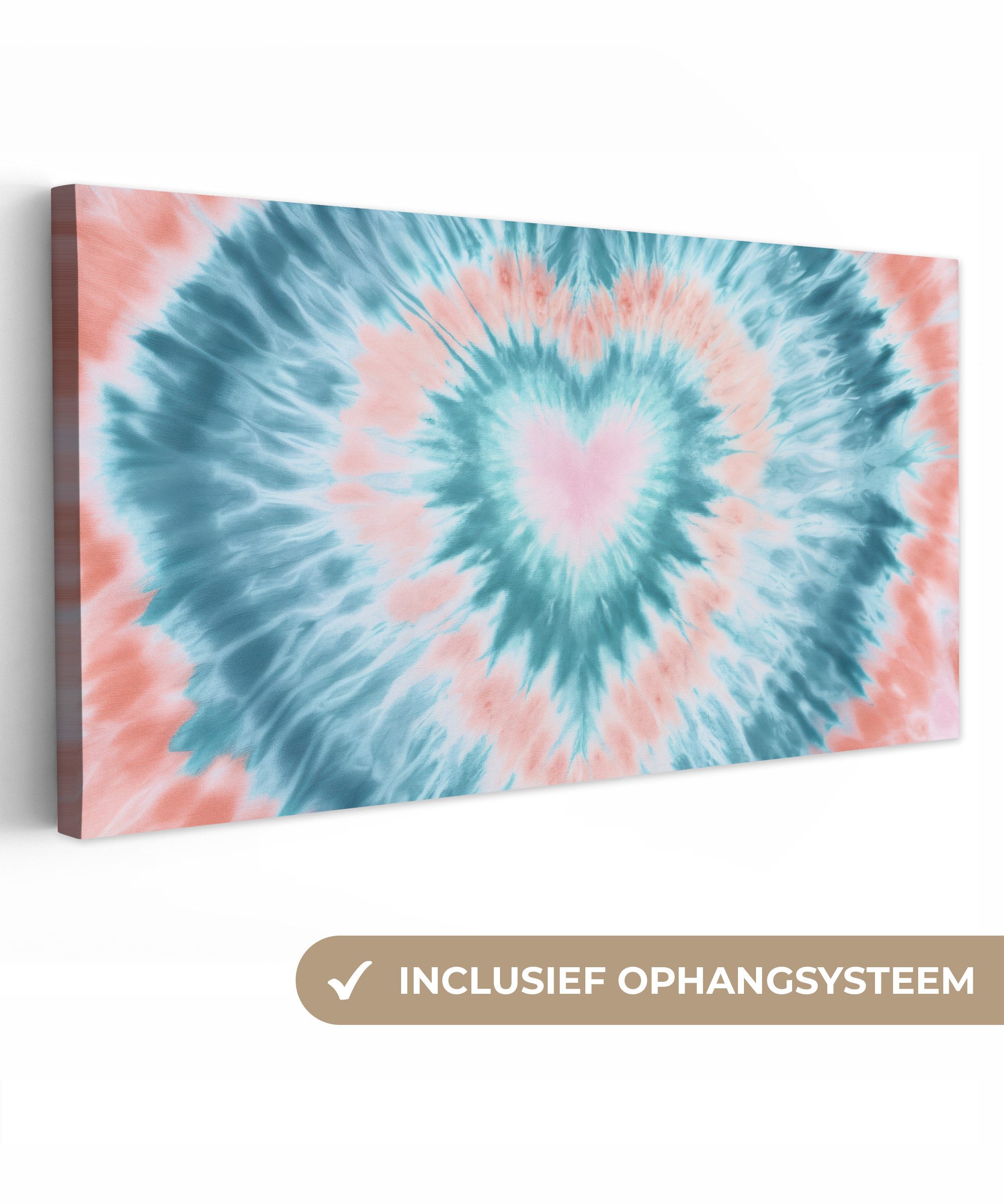 OneMillionCanvasses® Leinwandbild Panorama Herzform - Krawattenfärbung - Pastelltöne - Hellgrün, Fotodruck (1 St), Wandbild, Deko Schlafzimmer Wohnzimmer Flur 40x20 cm
