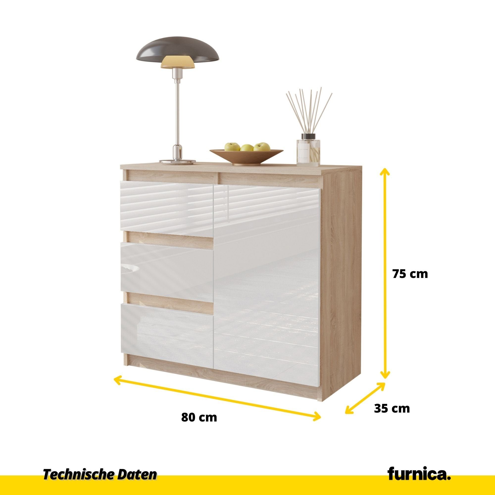 St) Schubladen Gloss Eiche Eiche/Weiß MIKEL, Tür (1 - Kommode Sonoma und Sonoma 3 Furnica B80cm T35cm 1 H75cm