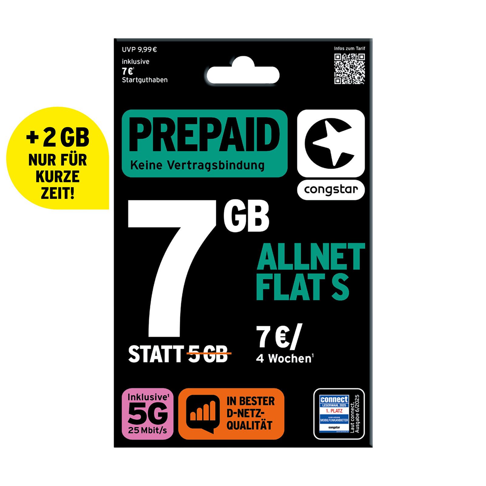 Congstar Prepaid ALLNET S, SIM-Karte ohne Vertrag, 5G mit 25 Mbit/s Prepaidkarte, (Telefonie & SMS Flat, EU-Roaming inkl)