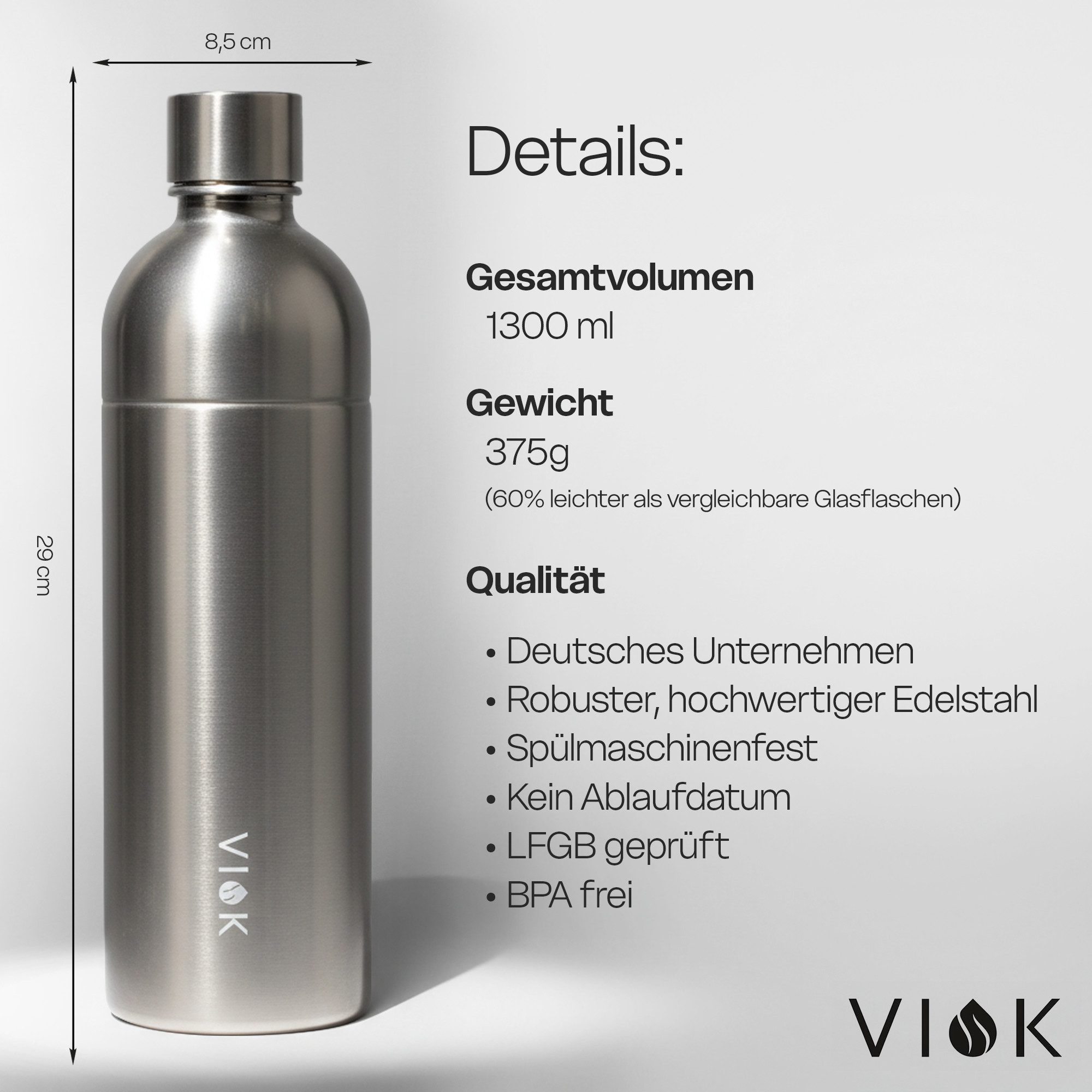 VIOK Wassersprudler Flasche Edelstahlflasche 1,3 L für Aarke Carbonator 3, SMEG, Brita, Arendo, Mit Trageschlaufe, Spülmaschinenfest, kein Ablaufdatum – Bild 3 von 5