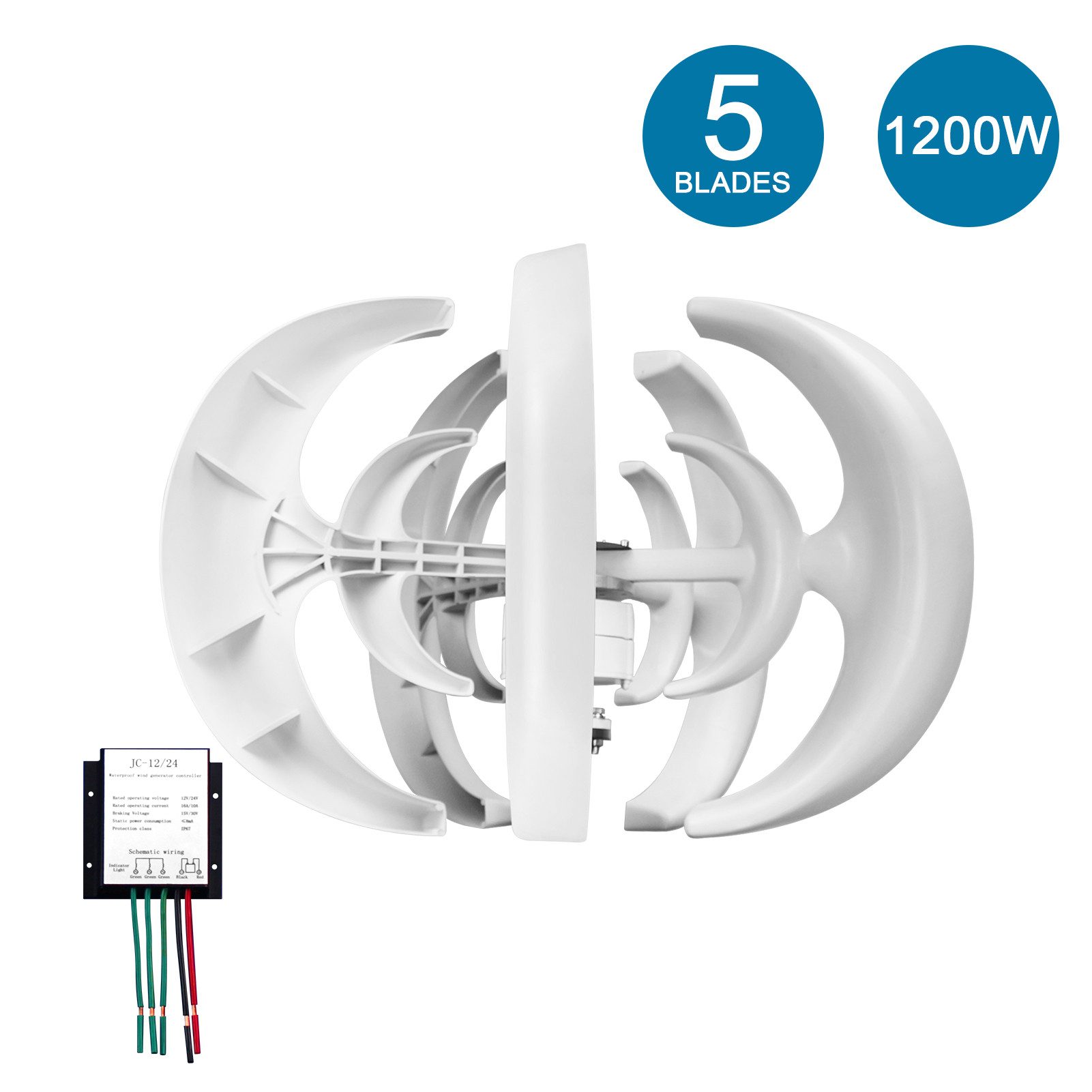 GARRYFIZH Windgenerator mit Laderegler 800W 12V 5-Blatt-Lüfter, 1200 W bei 10m/s, Windkraftanlagen Generator Kit