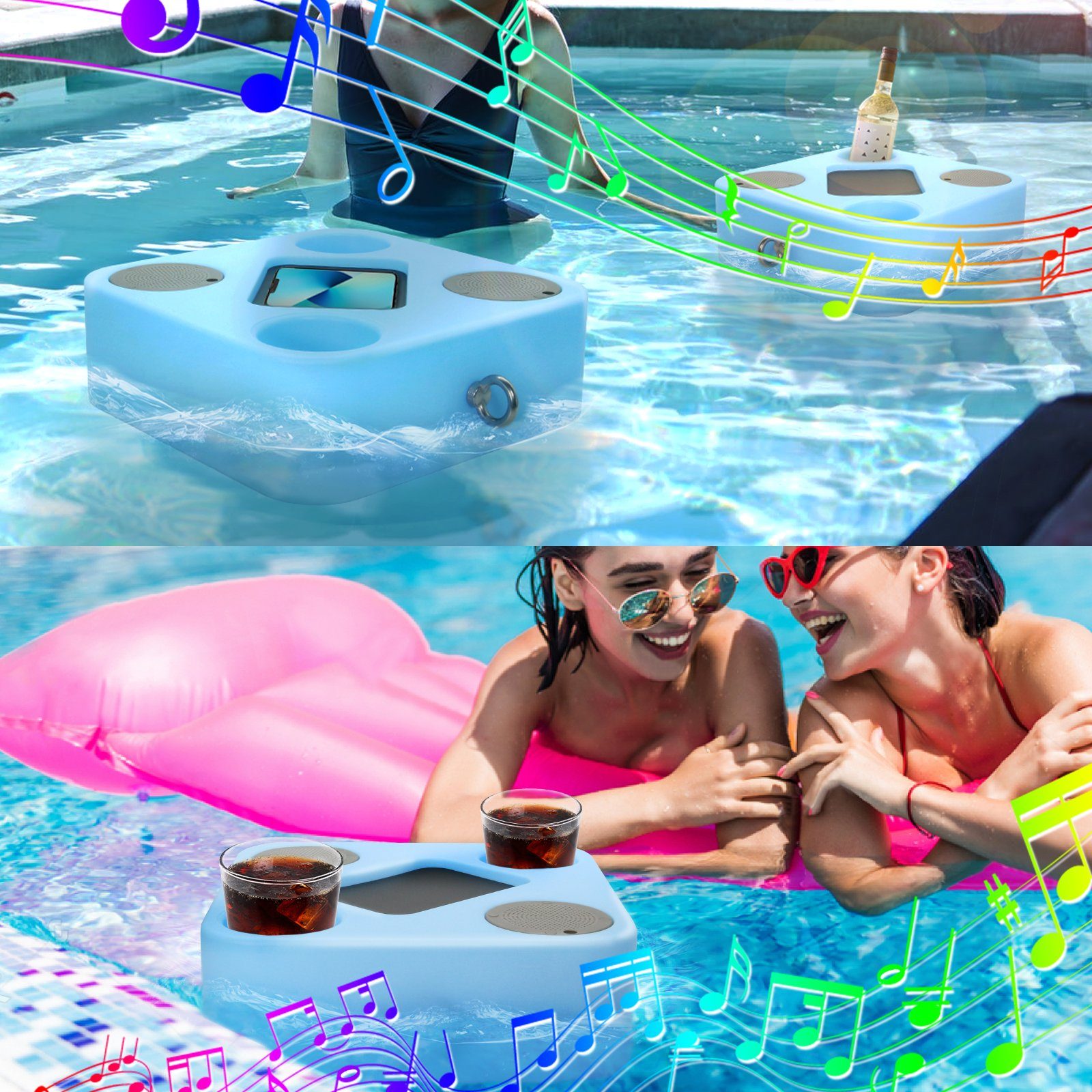 MALUX LED Tischleuchte Lampe Tablett. 3-in1 Pool Bluetooth-Lautsprecher Weinglas LED RGB