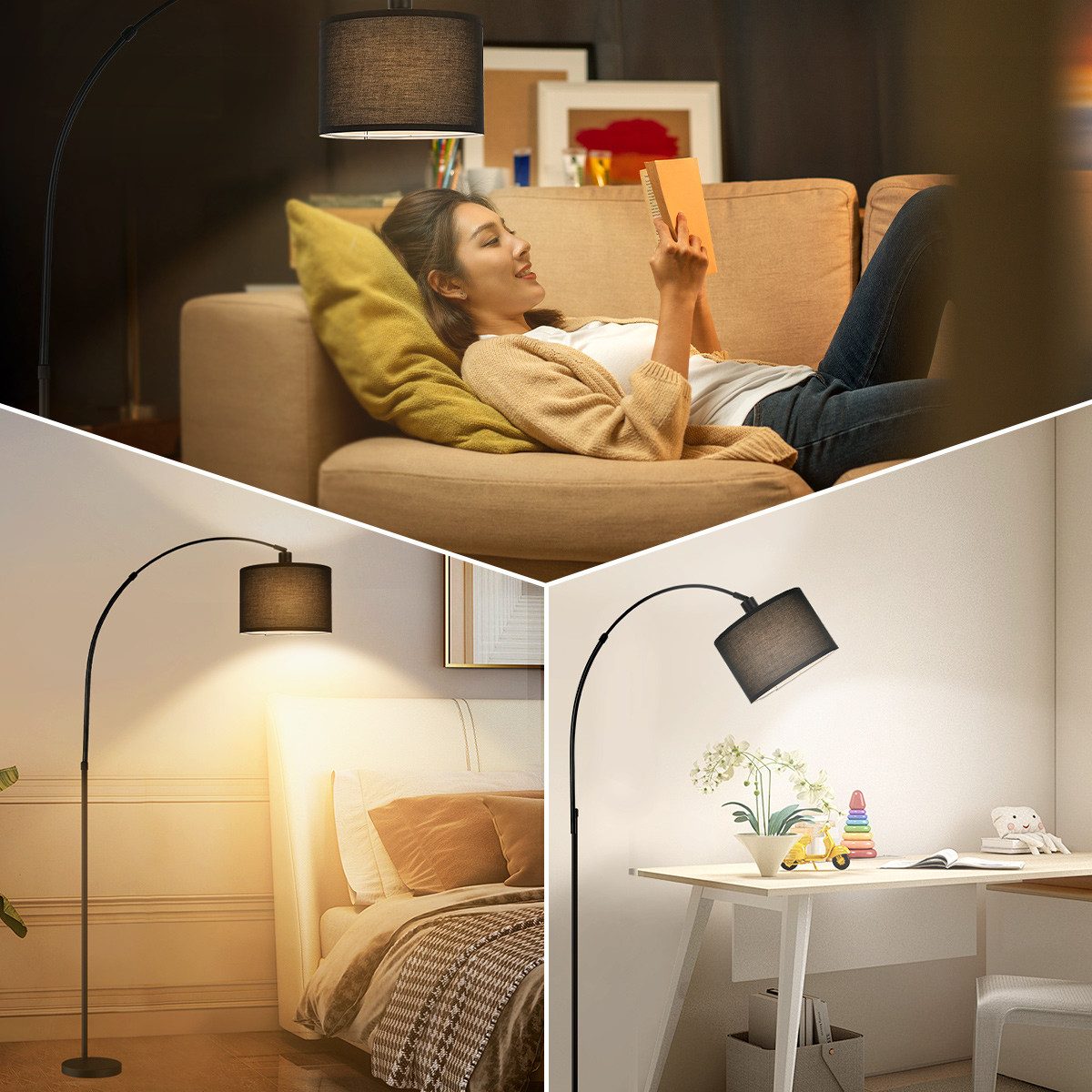 Simloveve Stehlampe Moderne Bogenlampe LED Stehlampe mit 12W E27 LED-Glühbirne, Marmorfuß, Textilschirm, drehbarer Lampenkopf, Höhenverstellbar, LED wechselbar, Standleuchte Vintage für Wohnzimmer, Schlafzimmer, Büro