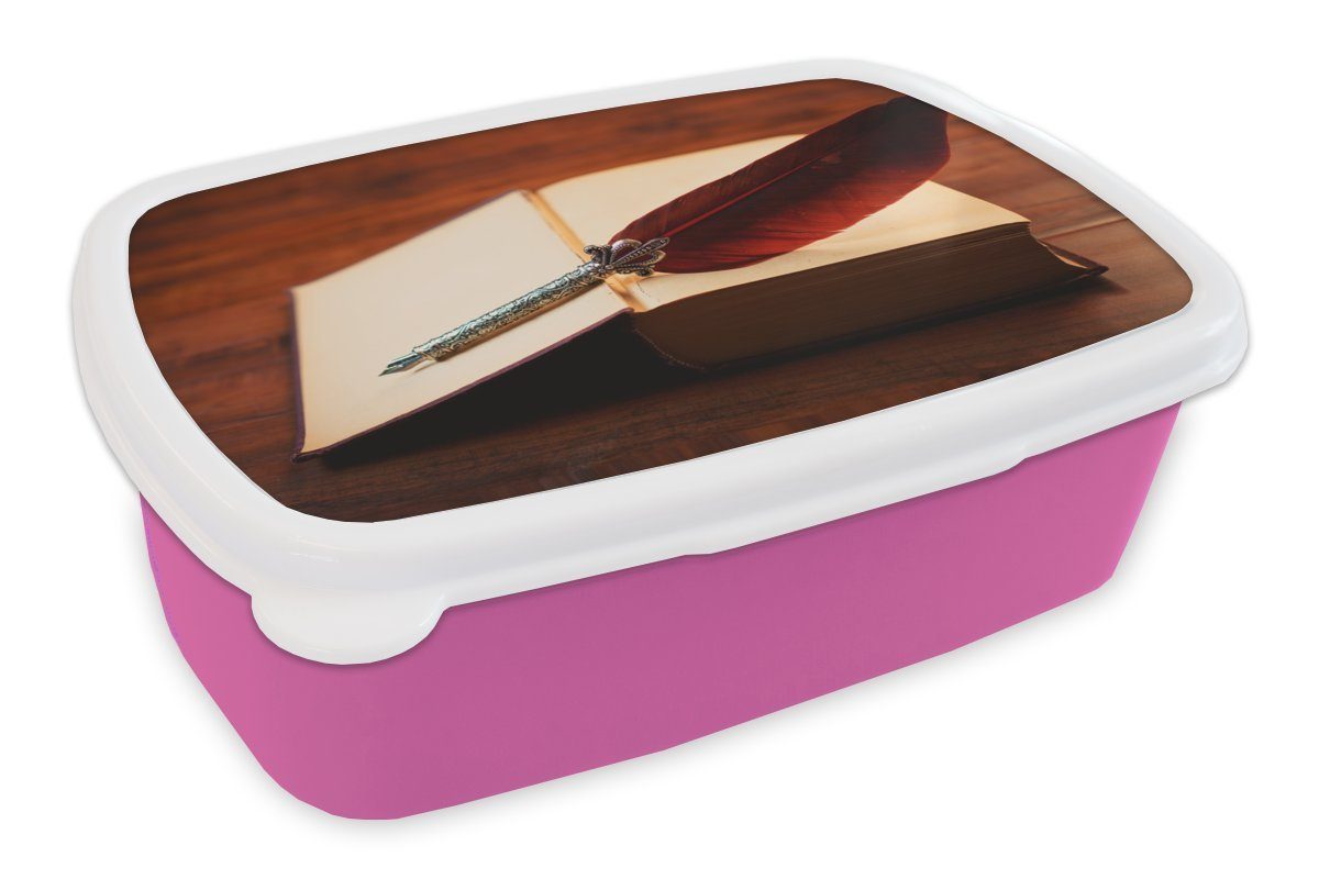 MuchoWow Lunchbox Federn - Buch - Rot, Kunststoff, (2-tlg), Brotbox für Erwachsene, Brotdose Kinder, Snackbox, Mädchen, Kunststoff rosa | Lunchboxen