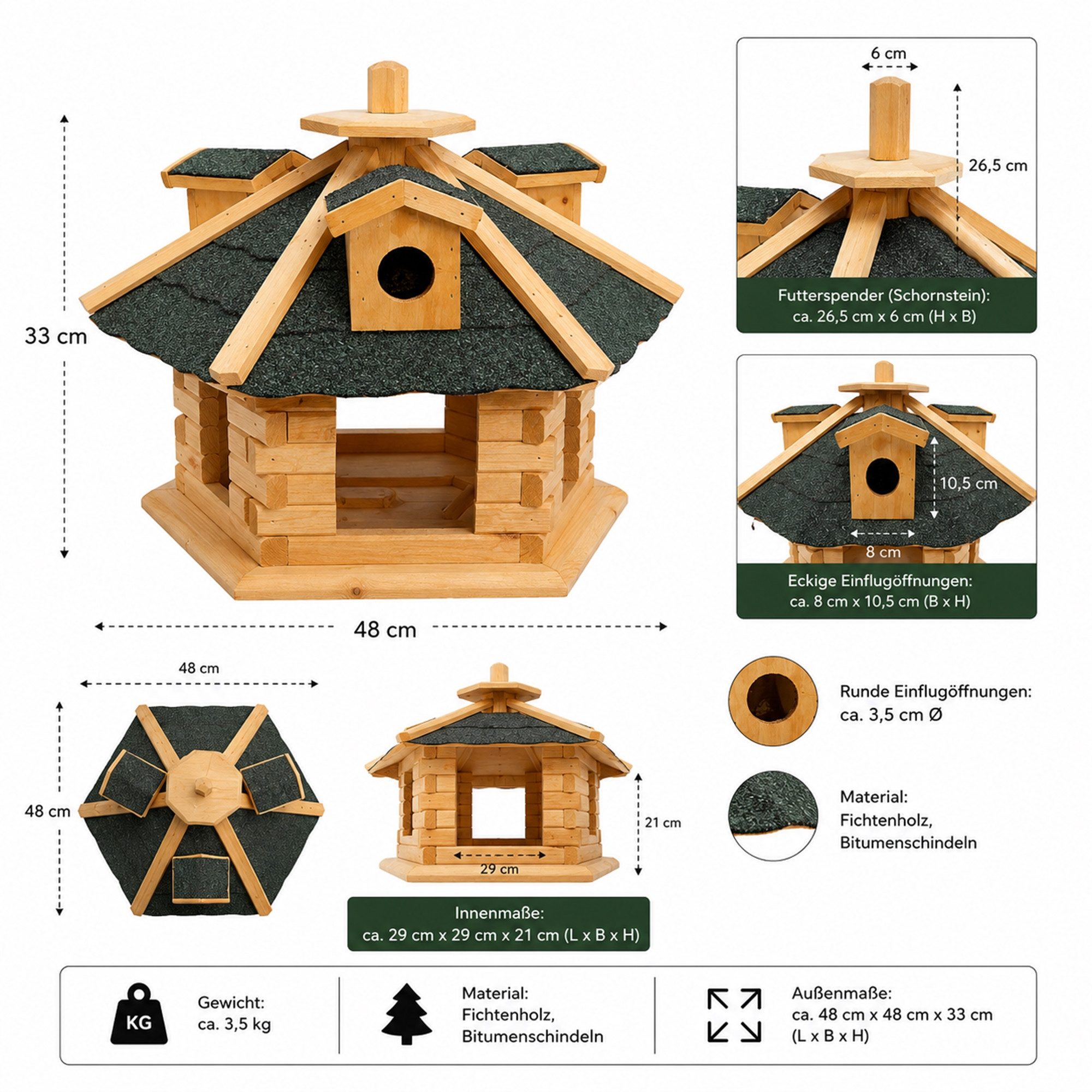 Mucola Vogelhaus Vogelfutterhaus Holz Vogelvilla 48 cm Futtersilo, Mit integriertem Futterspender und großzügigem Futterbereich