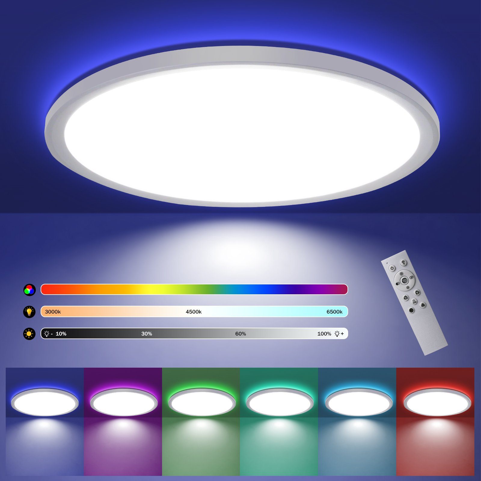 Nettlife LED Panel deckenleuchte Dimmbarmit Fernbedienung RGB  Hintergrundleuchtung 28W, IP44 Wasserdicht, LED fest integriert, Warmweiß,  Neutralweiß, Kaltweiß, für Schlafzimmer Kinderzimmer Wohnzimmer Küche  Esszimmer