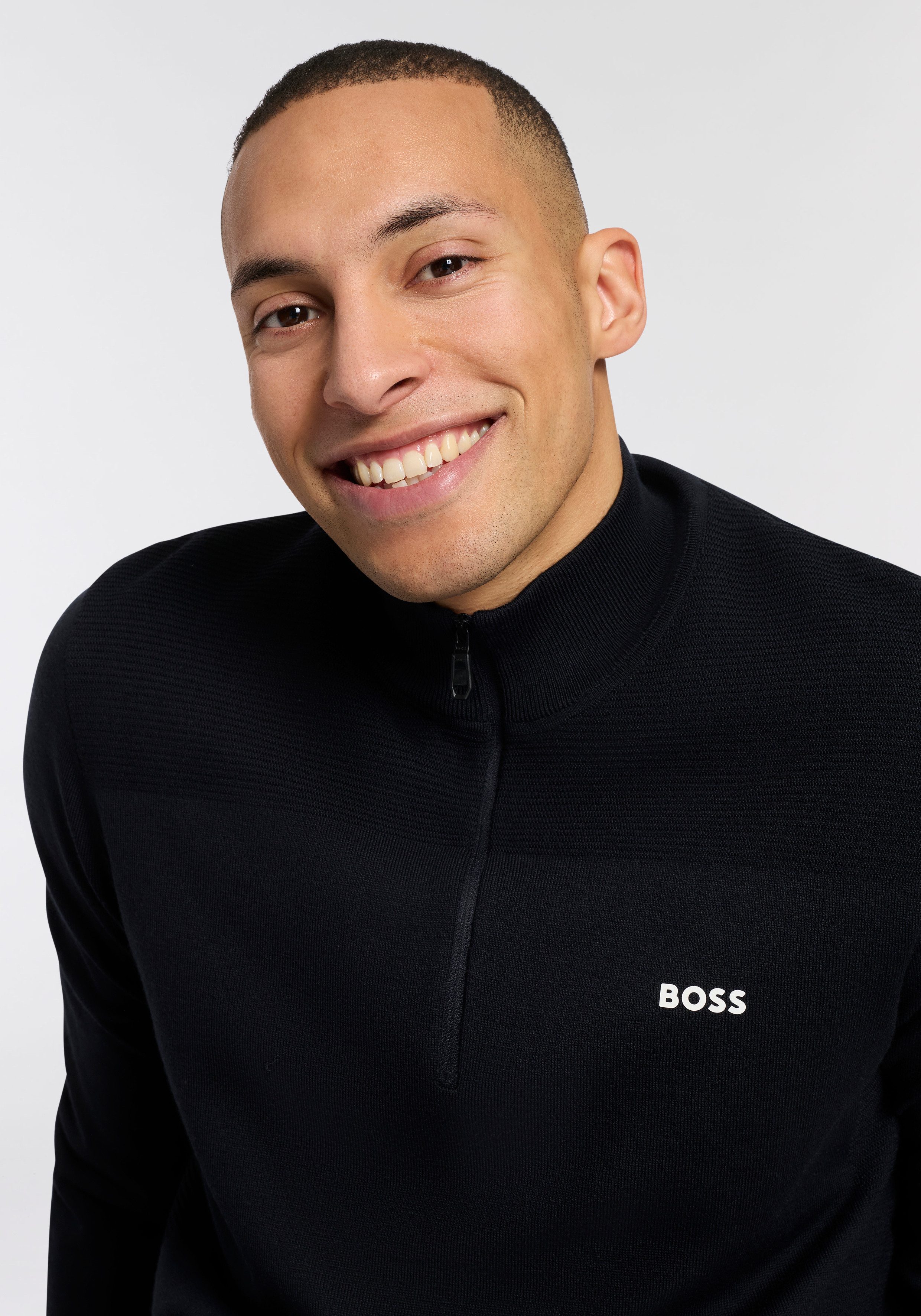 BOSS GREEN Strickpullover Stehkragen mit Reißverschluss, Regular Fit