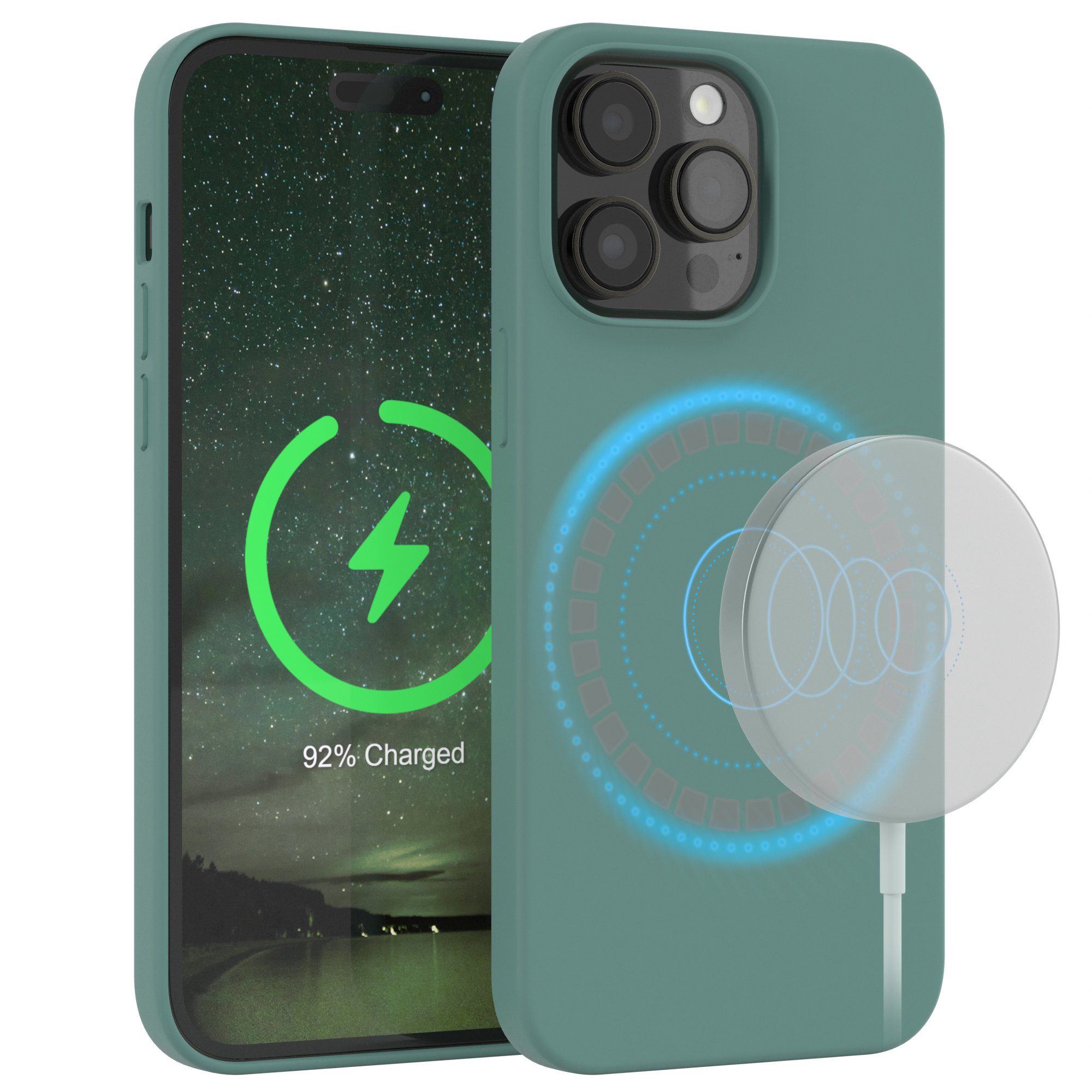 EAZY CASE Handyhülle Silikonhülle mit MagSafe für iPhone 14 Pro Max 6,7 Zoll, Smart Slimcover Displayschutz Handycover Hülle mit MagSafe Dunkelgrün
