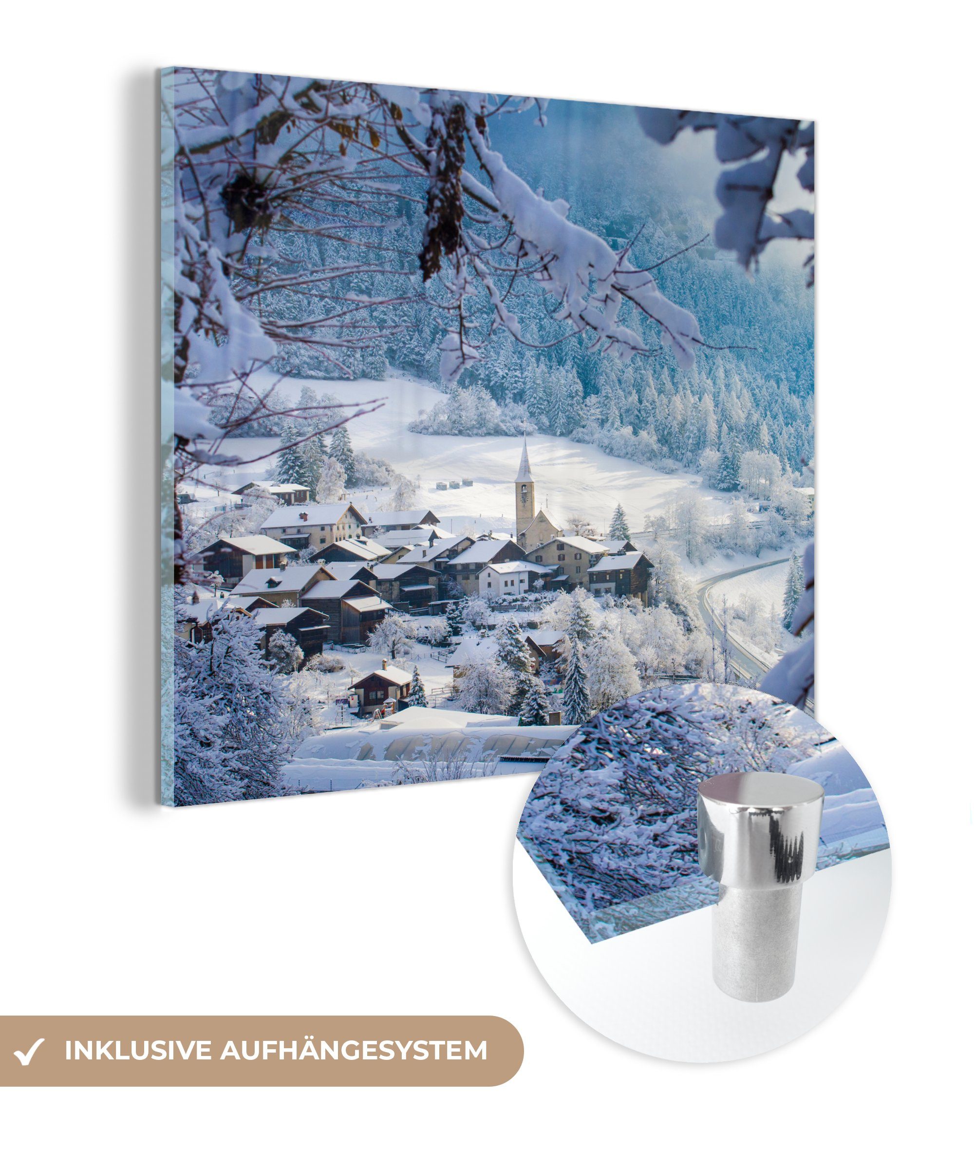 MuchoWow Acrylglasbild Alpen - Schnee - Dorf, (1 St), Glasbilder - Bilder auf Glas Wandbild - Foto auf Glas - Wanddekoration