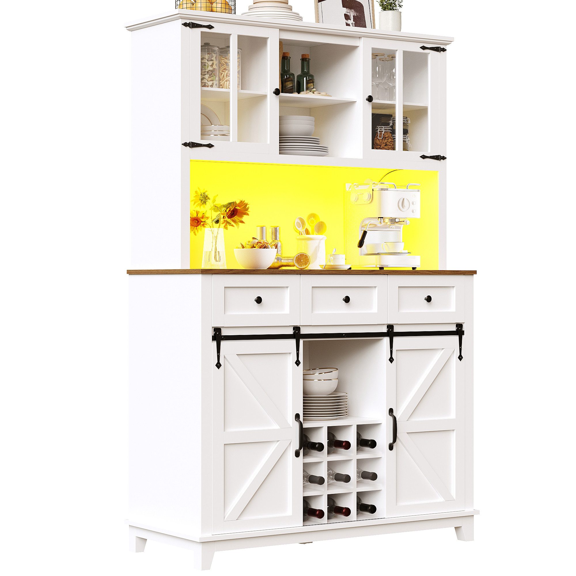kowdom Küchenbuffet Hochschrank mit LED, App-Steuerung, Glastüren, 105x38x180 cm (Hochschrank, Einzelschrank mit LED-Beleuchtung) Hochschrank, LED-Beleuchtung, App-Steuerung, Glastüren, 180 cm
