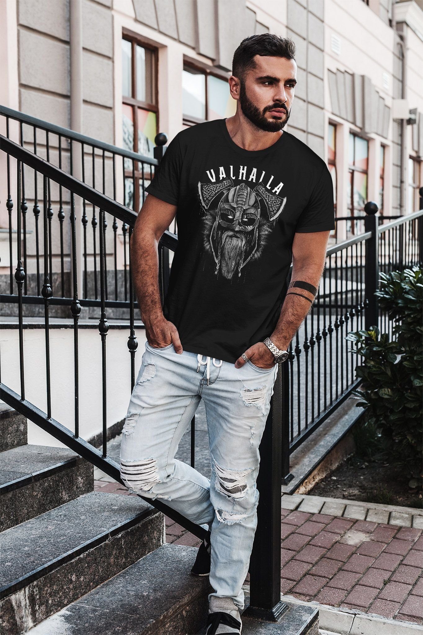 Neverless Print-Shirt Neverless® Herren T-Shirt Aufdruck Valhalla Wikinger Helm Viking Odin mit Print