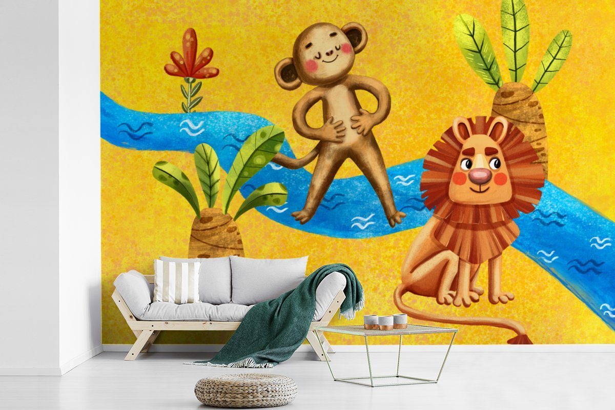 MuchoWow Fototapete Affe - Löwe Matt, Dschungel Wohnzimmer, St), bedruckt, Wasser, - Tapete Schlafzimmer, (6 Wallpaper für Kinderzimmer, - Vinyl