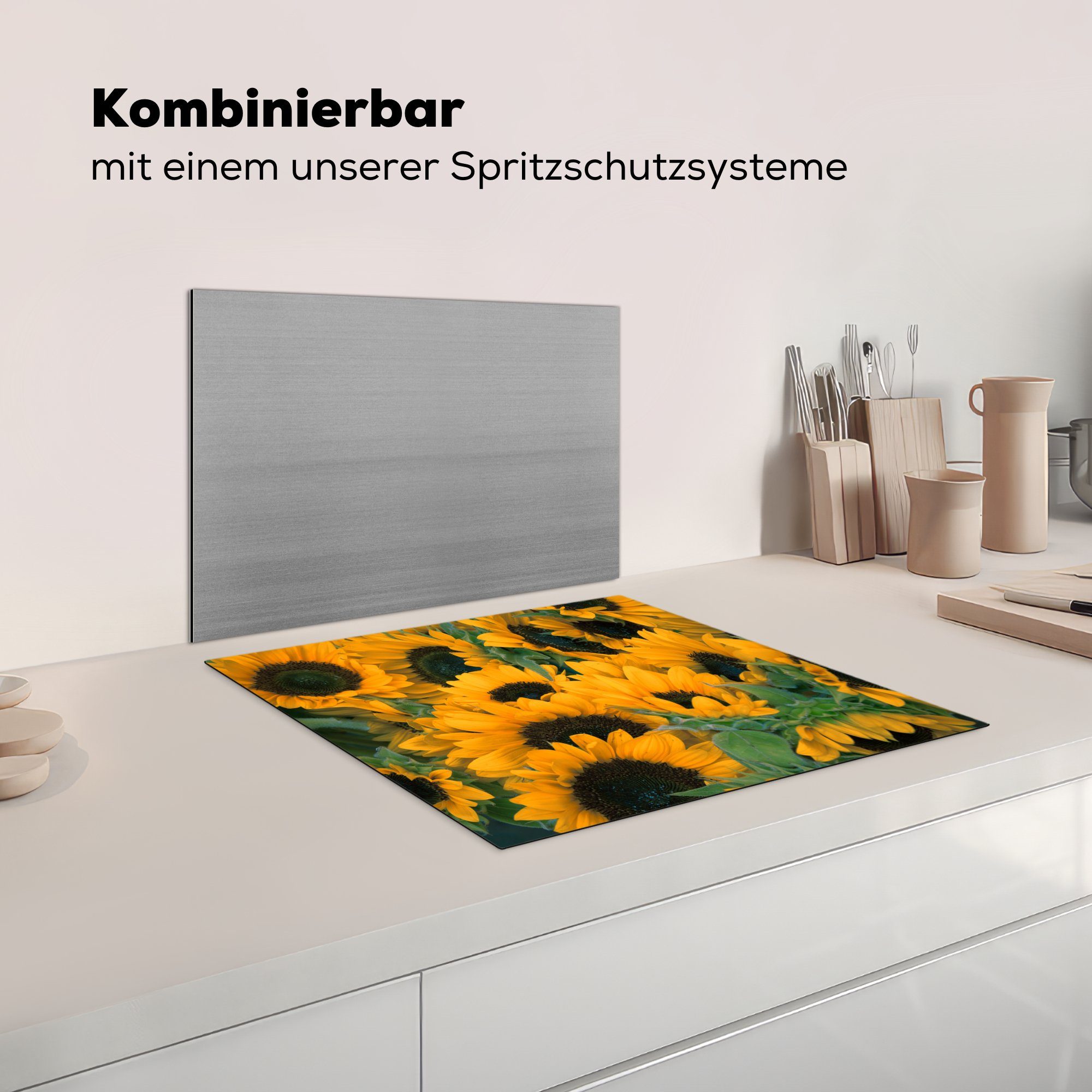 Sonnenblume 60x52 Blumen - MuchoWow Vinyl, nutzbar, Arbeitsfläche Mobile Makro, cm, tlg), - Herdblende-/Abdeckplatte (1 Ceranfeldabdeckung