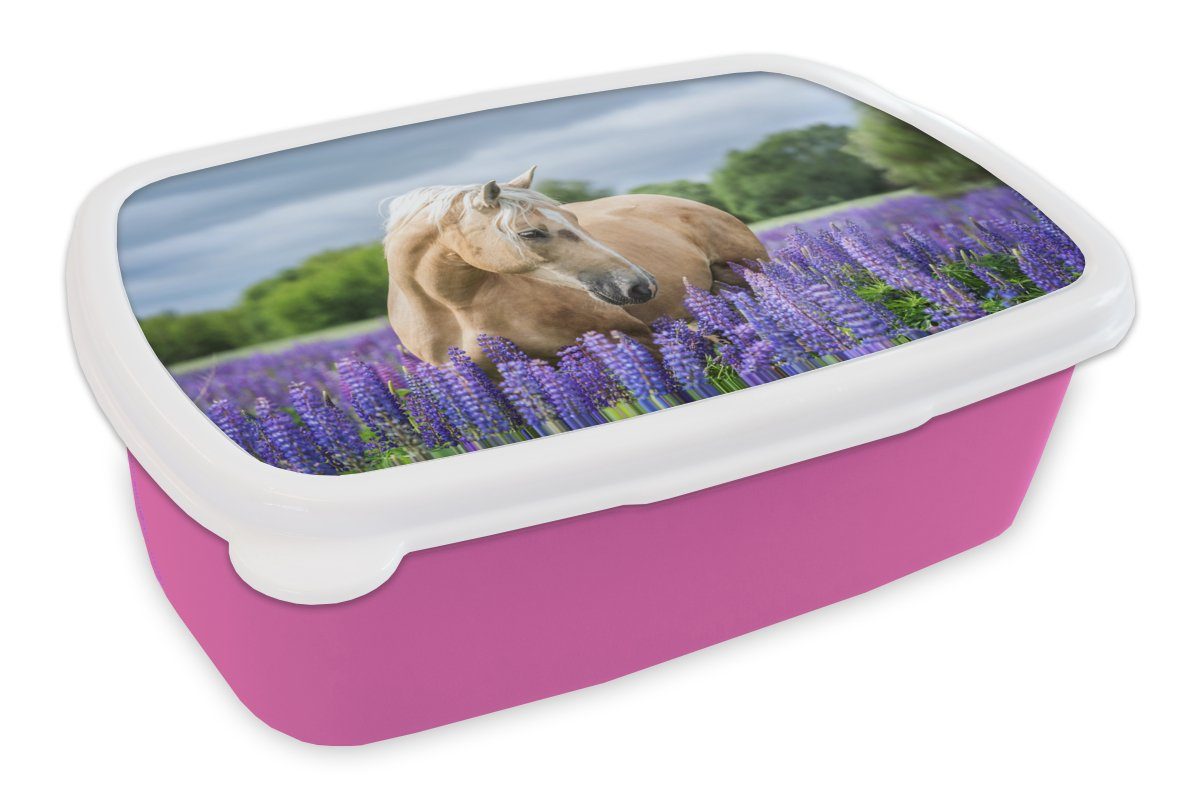 MuchoWow Lunchbox Pferd - Blumen - Lila, Kunststoff, (2-tlg), Brotbox für Erwachsene, Brotdose Kinder, Snackbox, Mädchen, Kunststoff rosa