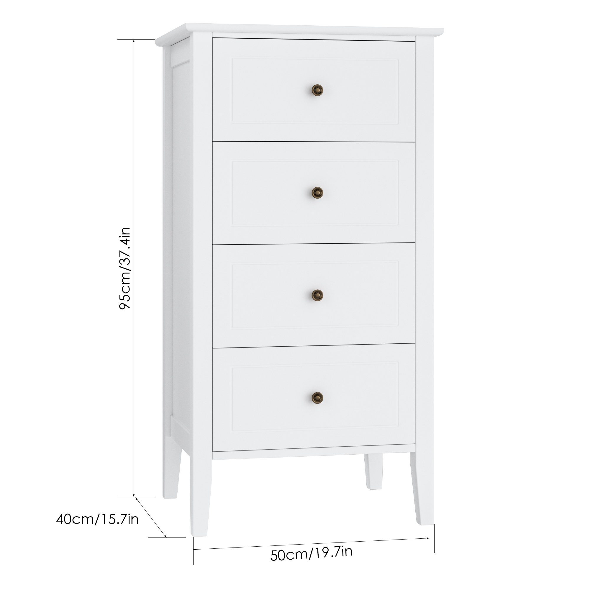 Homfa Kommode Schubladenschrank mit 4 Schubladen, Sideboard schmal, weiß, 50x40x95cm