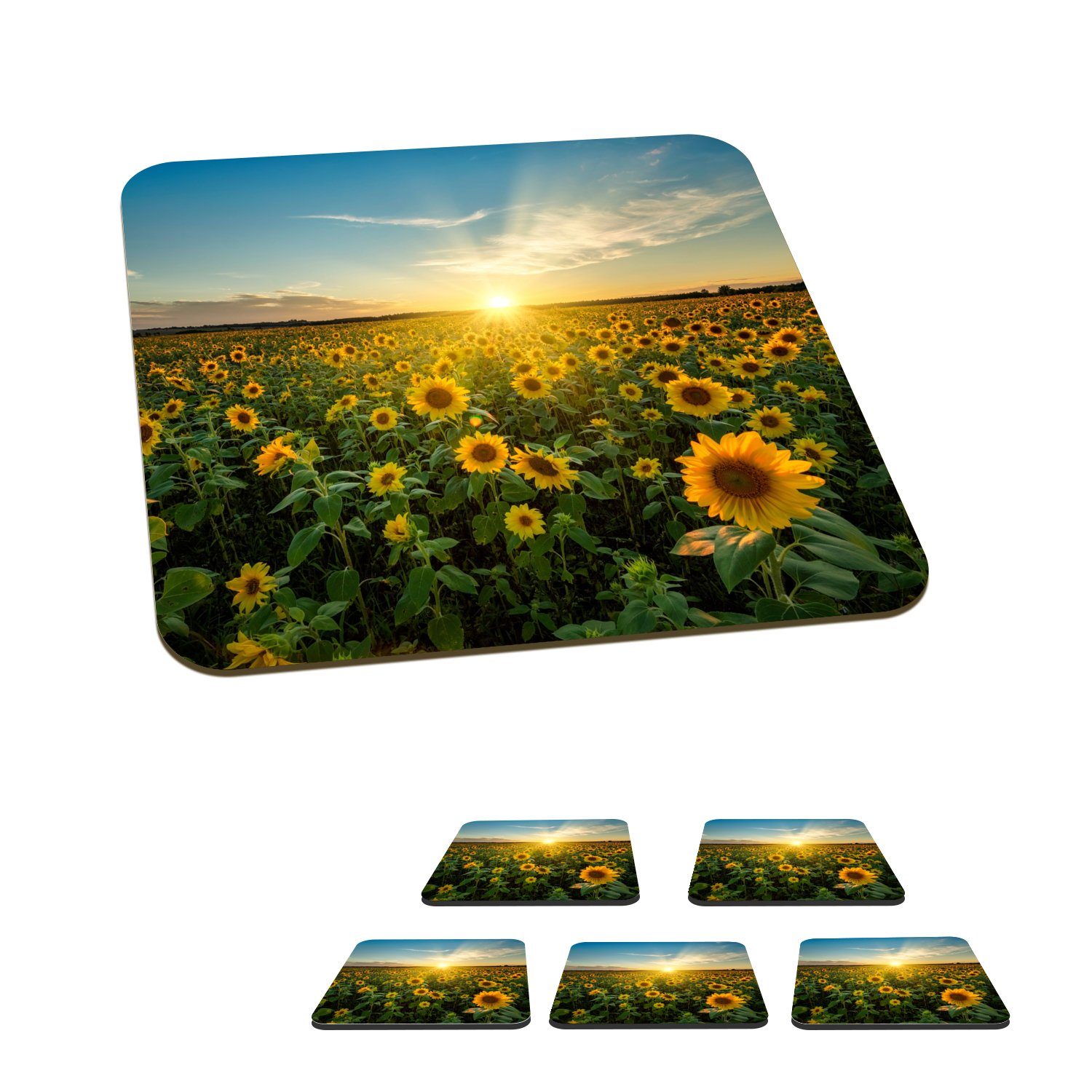 MuchoWow Glasuntersetzer Sonnenuntergang - Blumen - Sonnenblume - Horizont - Landschaft, Zubehör für Gläser, 6-tlg., Glasuntersetzer, Tischuntersetzer, Korkuntersetzer, Untersetzer, Tasse