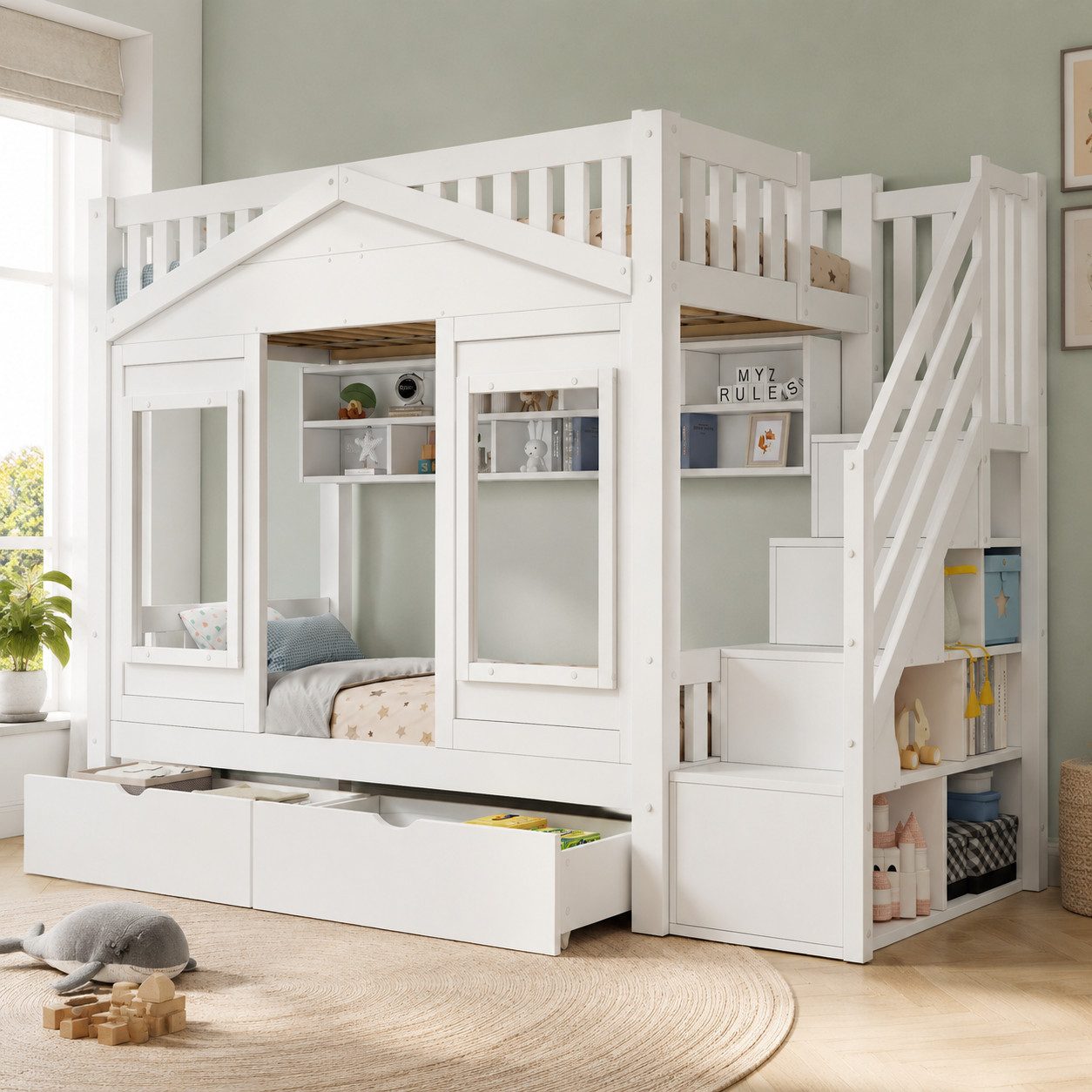 Flieks Etagenbett, Hausdesign Kinderbett 90x200cm mit Schubladen und Stauraumtreppe