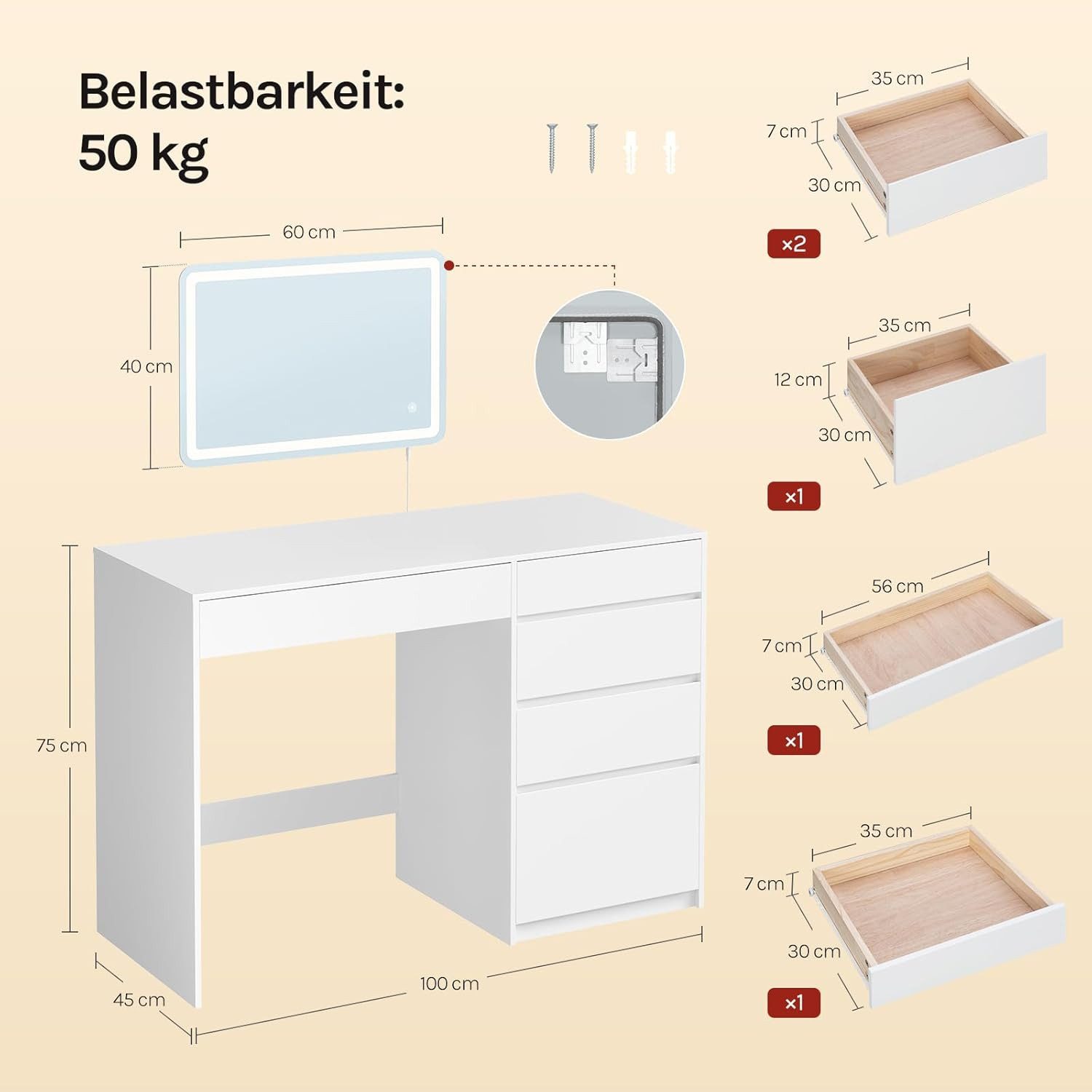 Woltu Schminktisch (1-St), 2-in-1 mit Wandspiegel mit LED-Beleuchtung, 5 Schubladen