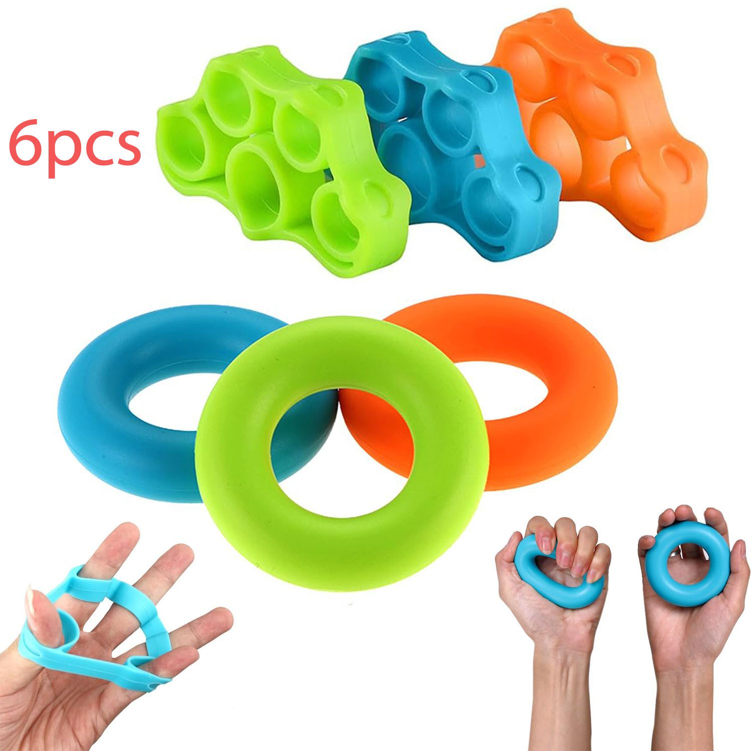MOPUEA Handmuskeltrainer Handtrainer Fingertrainer Set 6-teilig (Fingertraining Unterarm Training Fitness für Zuhause Büro Stressabbau, 6-St., Verschiedene Formen Ringe & Fingertrainer langlebig flexibel bunt), Griffkraft Trainer Silikon Hand Exerciser Anti-Rutsch Design