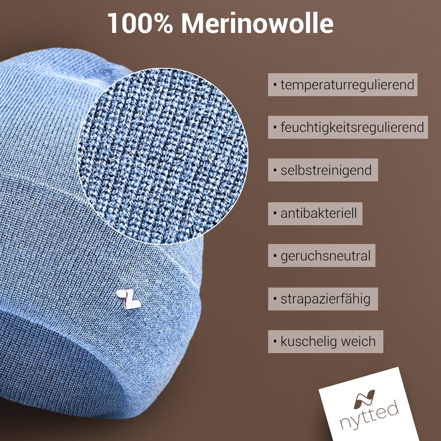 NYTTED® Beanie - 100% Merino-Wolle - & für Herren Damen Made in - hellblau Wintermütze Germany