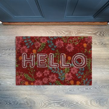 Fußmatte Fußmatte Kokos Hello mit Blumen, relaxdays, Höhe: 15 mm