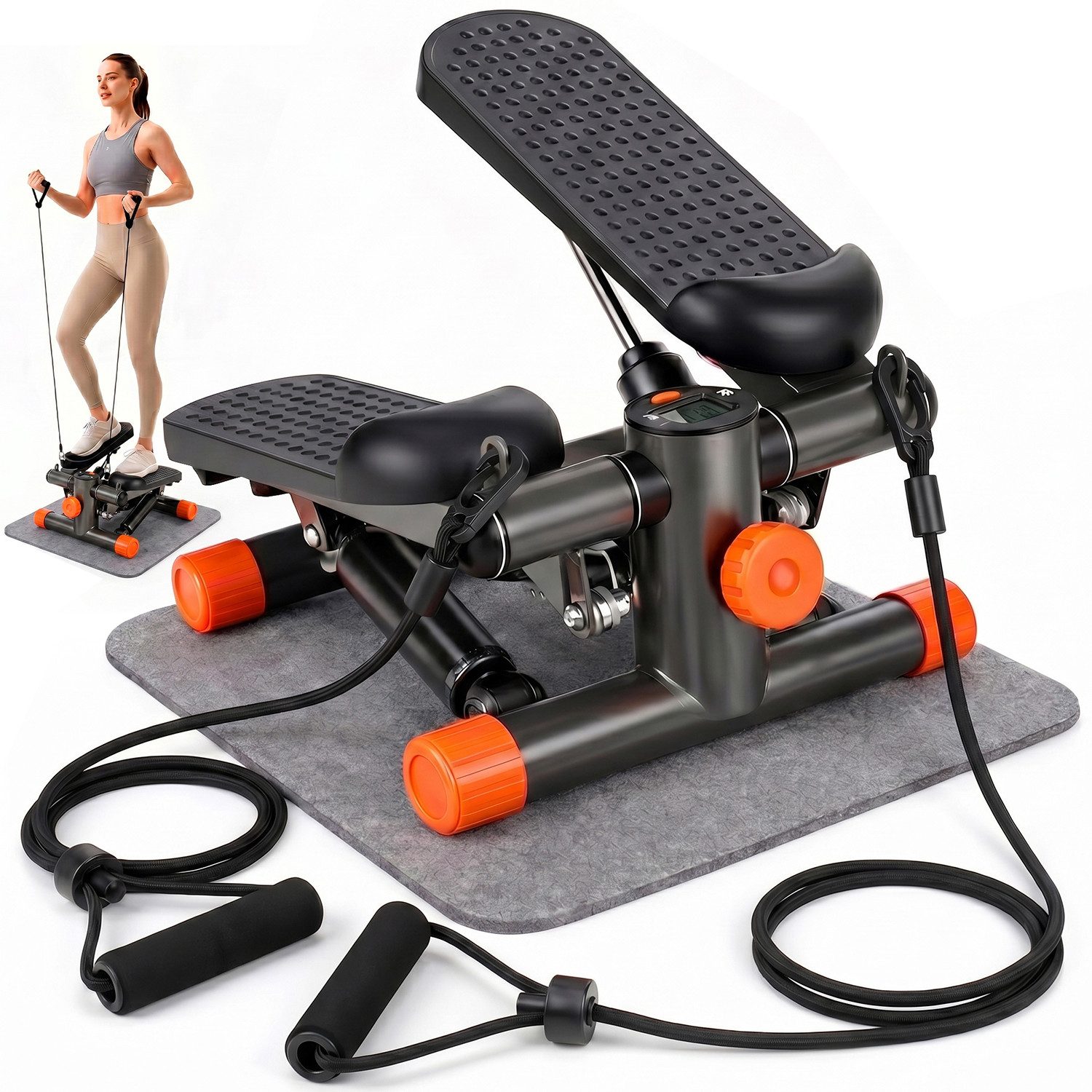 kehot Mini-Stepper Mini Stepper mit Widerstandsbändern, Kompaktgerät für Heimtraining (LCD-Display für Zeit, Kalorien, Frequenz, Schritte, Einfache Bedienung, Stabile Konstruktion bis 150 kg – Mit Rutschfester Trainingsmatte), Für Ganzkörpertraining, Fettverbrennung & Muskelstraffung zu Hause
